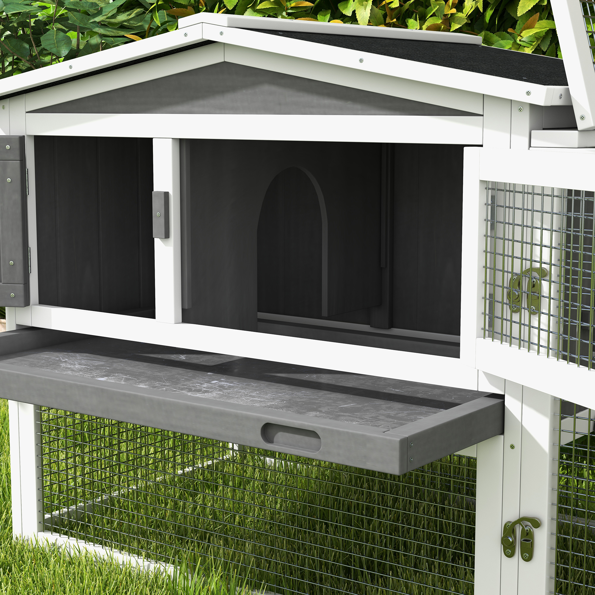 PawHut Rabbit Hutch with Run Wooden Guinea Pig Hutch Outdoor Bunny Cage Hide House with Sliding Tray, Hay Rack, Ramp, 156 x 58 x 68cm, Grey 8