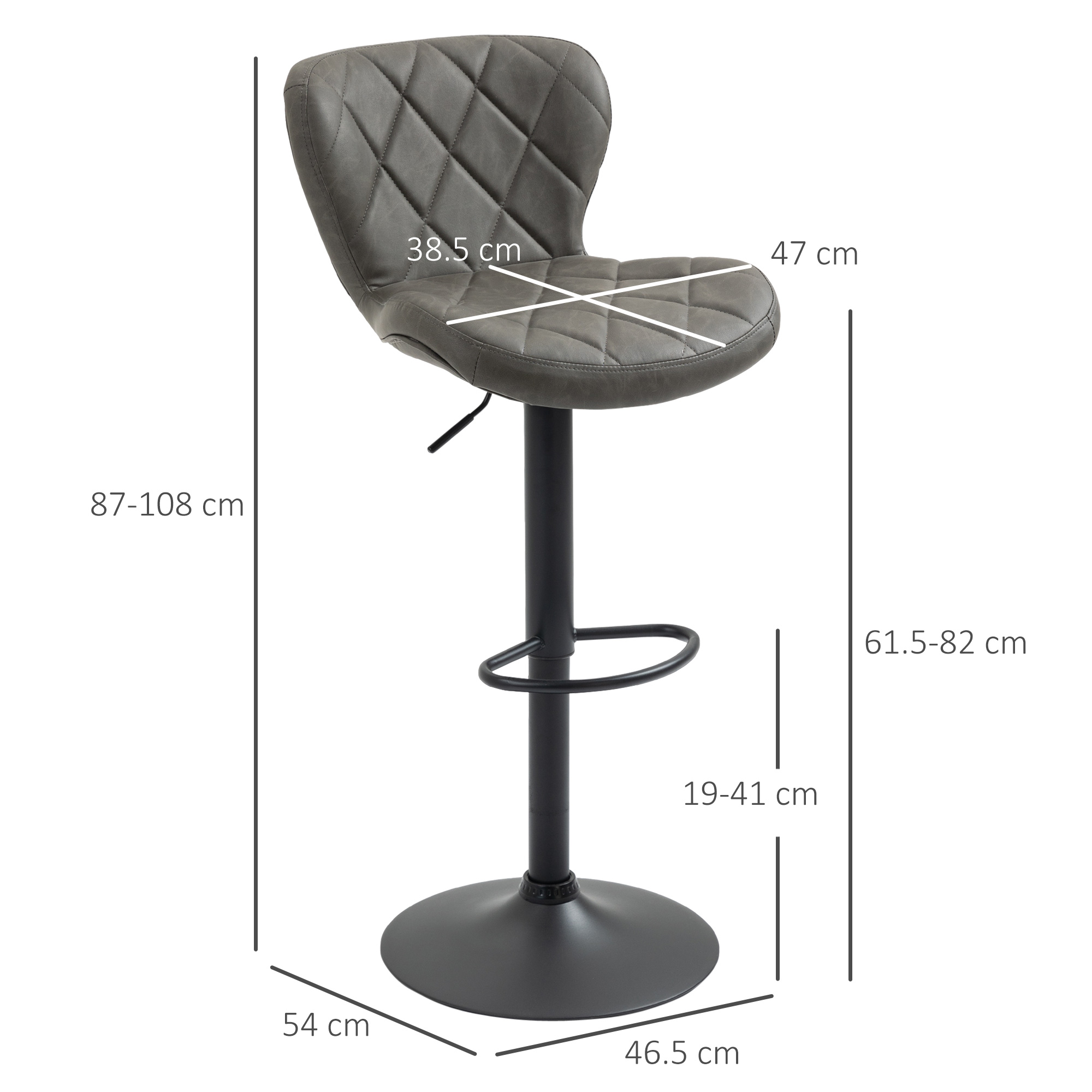 HOMCOM Bar Stools, Set of 2 Breakfast Bar Chairs, Swivel Barstools with Backrest and Footrest, Steel Frame Diamond Pattern PU, for Kitchen Counter, Dining Room, Dark Grey 3