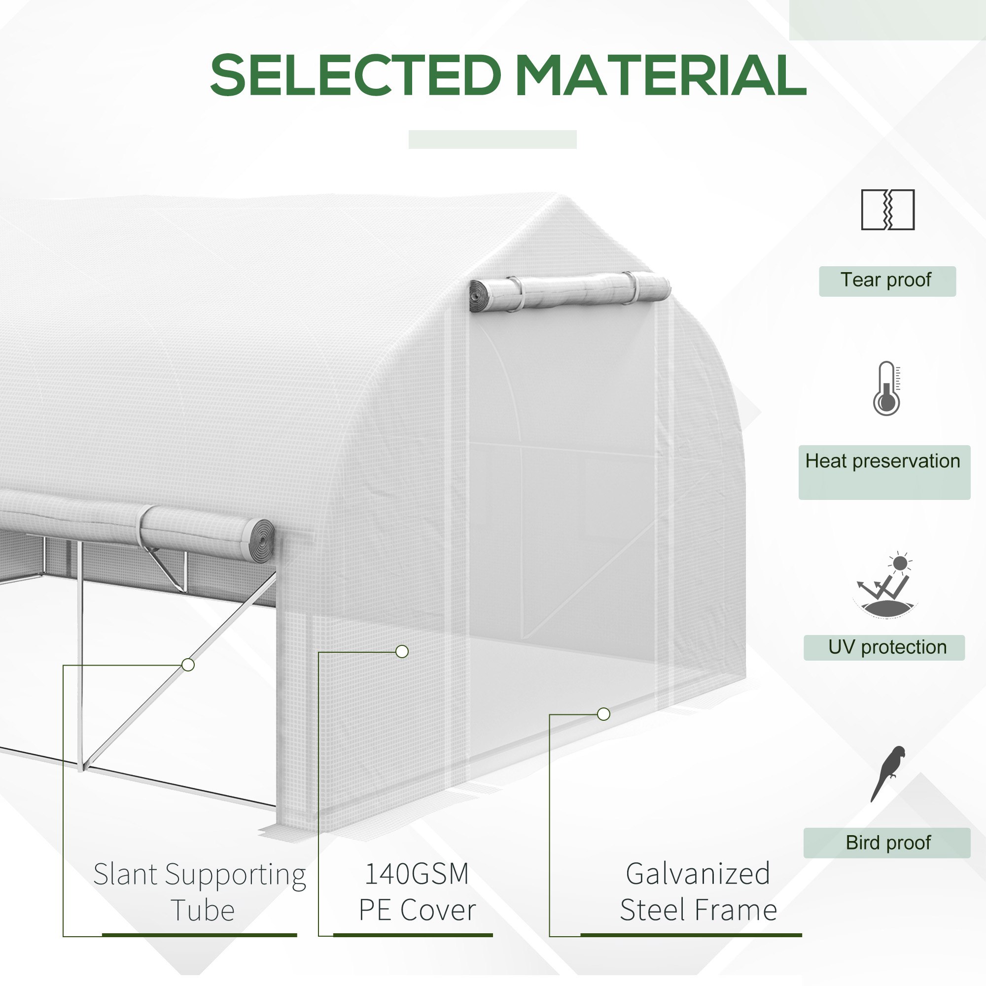 Outsunny 4 x 3(m) Walk-in Polytunnel Greenhouse, Zipped Roll Up Sidewalls, Mesh Door, 8 Mesh Windows, Tunnel Warm House Tent with PE Cover, Complimentary Plant Labels and Gloves, White 5