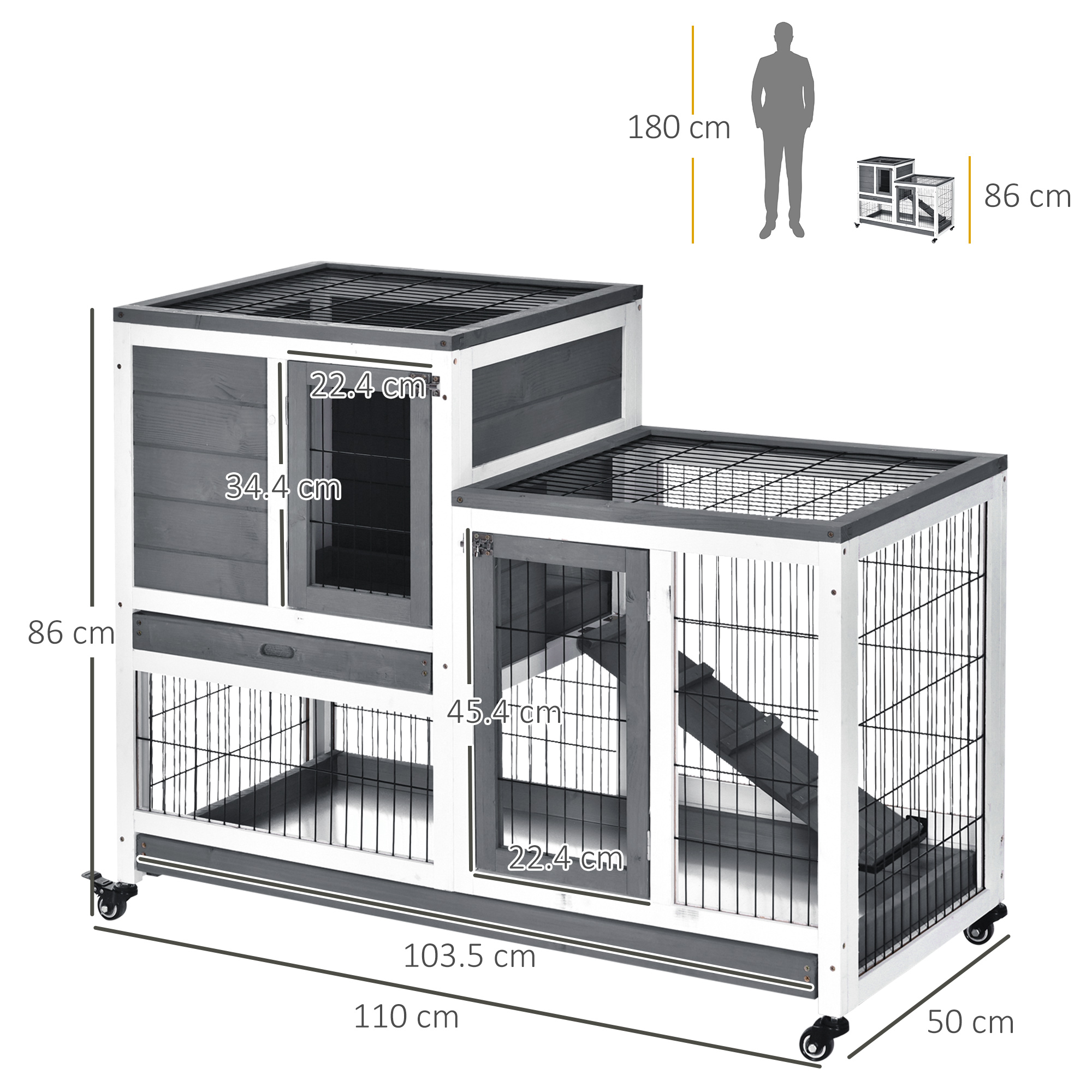 PawHut Wooden Indoor Rabbit Hutch Guinea Pig House Bunny Small Animal Cage W/ Wheels Enclosed Run 110 x 50 x 88 cm, Grey 3