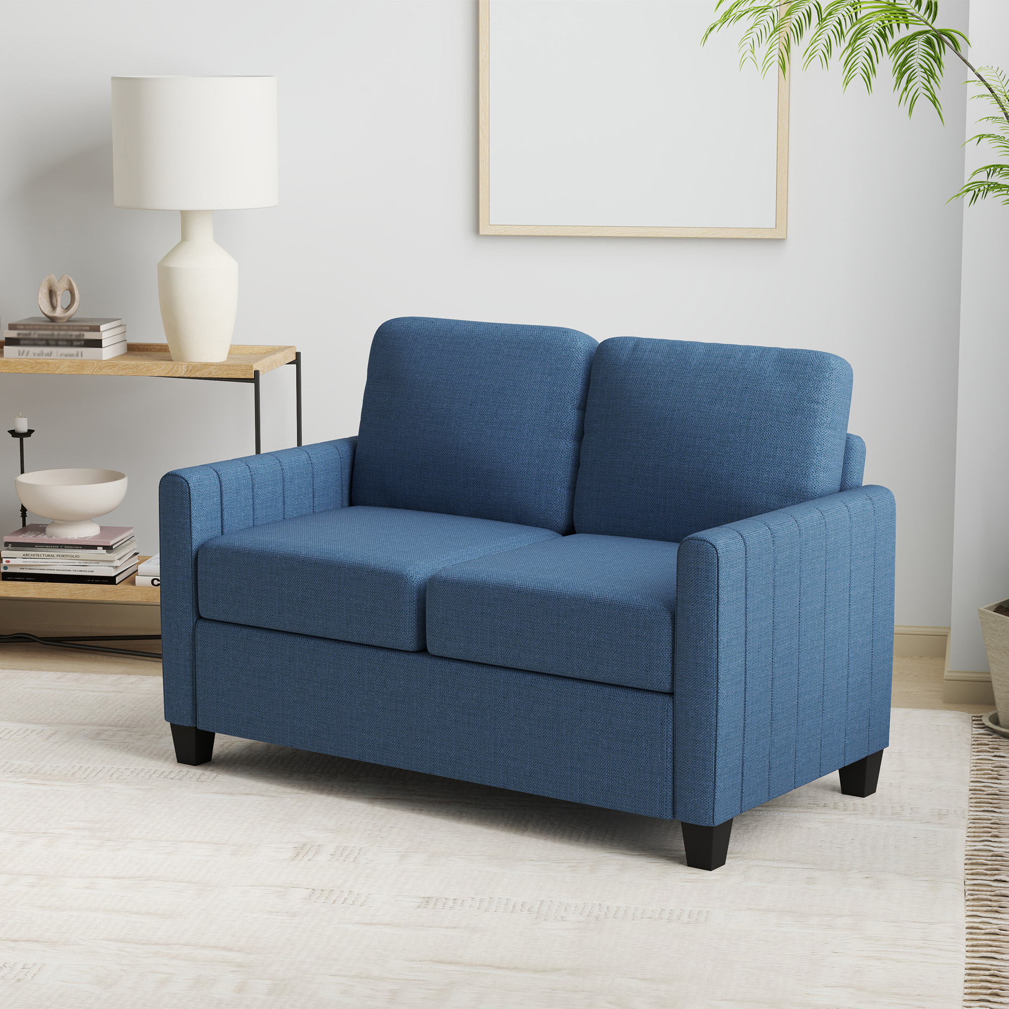 HOMCOM Modern Boxy Linen-Look Two-Seater Sofa Blue 2