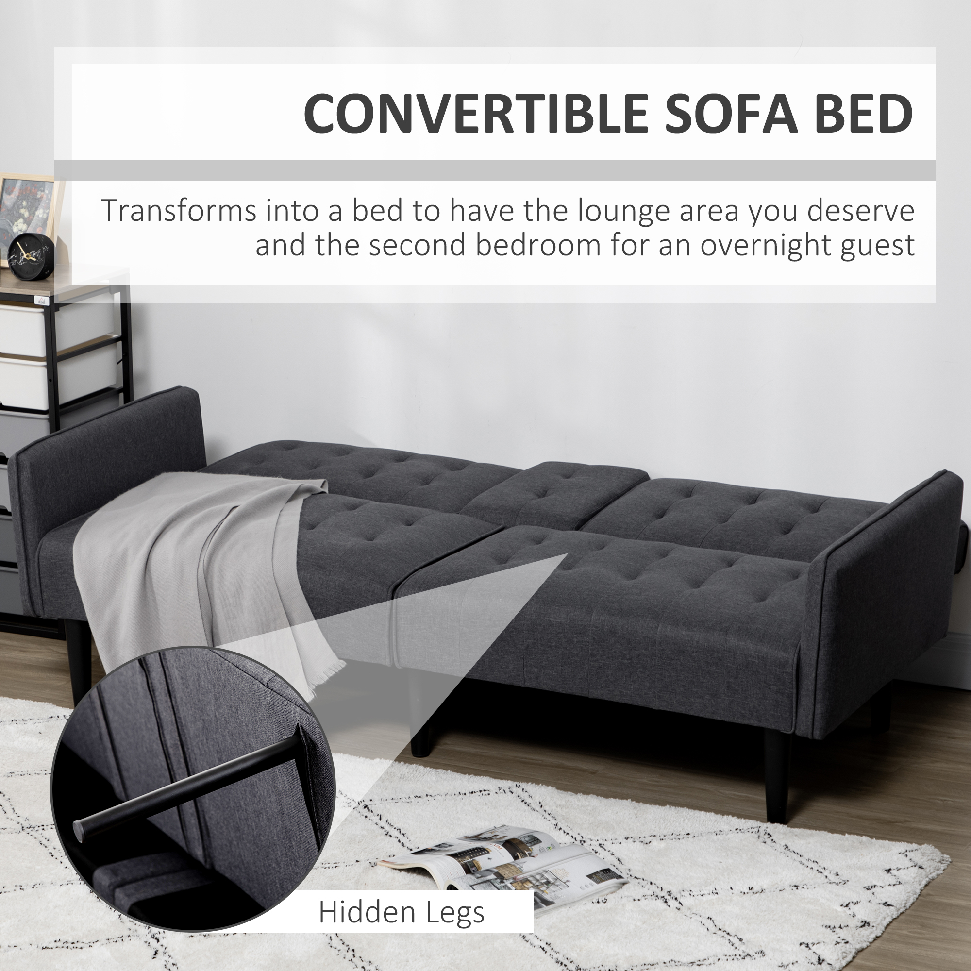 HOMCOM Three-Seater Sofa Bed, with Cupholders Grey 5