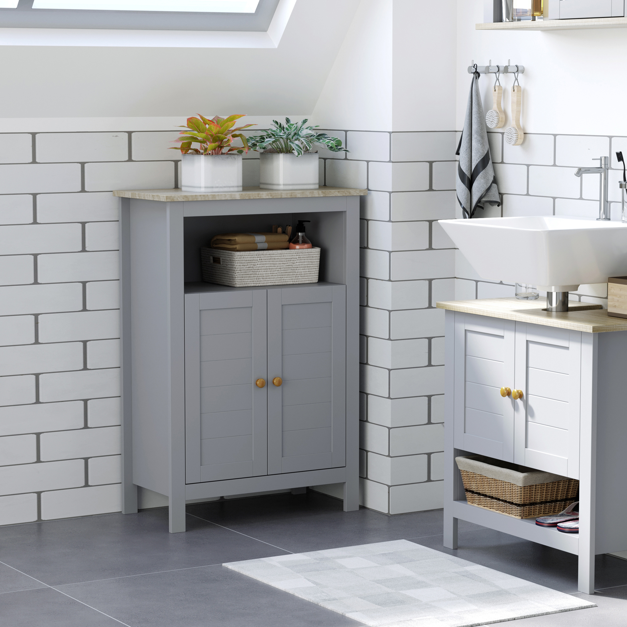 kleankin Bathroom Floor Cabinet, Free Standing Cupboard with Double Doors and Adjustable Shelf for Kitchen, Hallway, Living Room, Grey 2