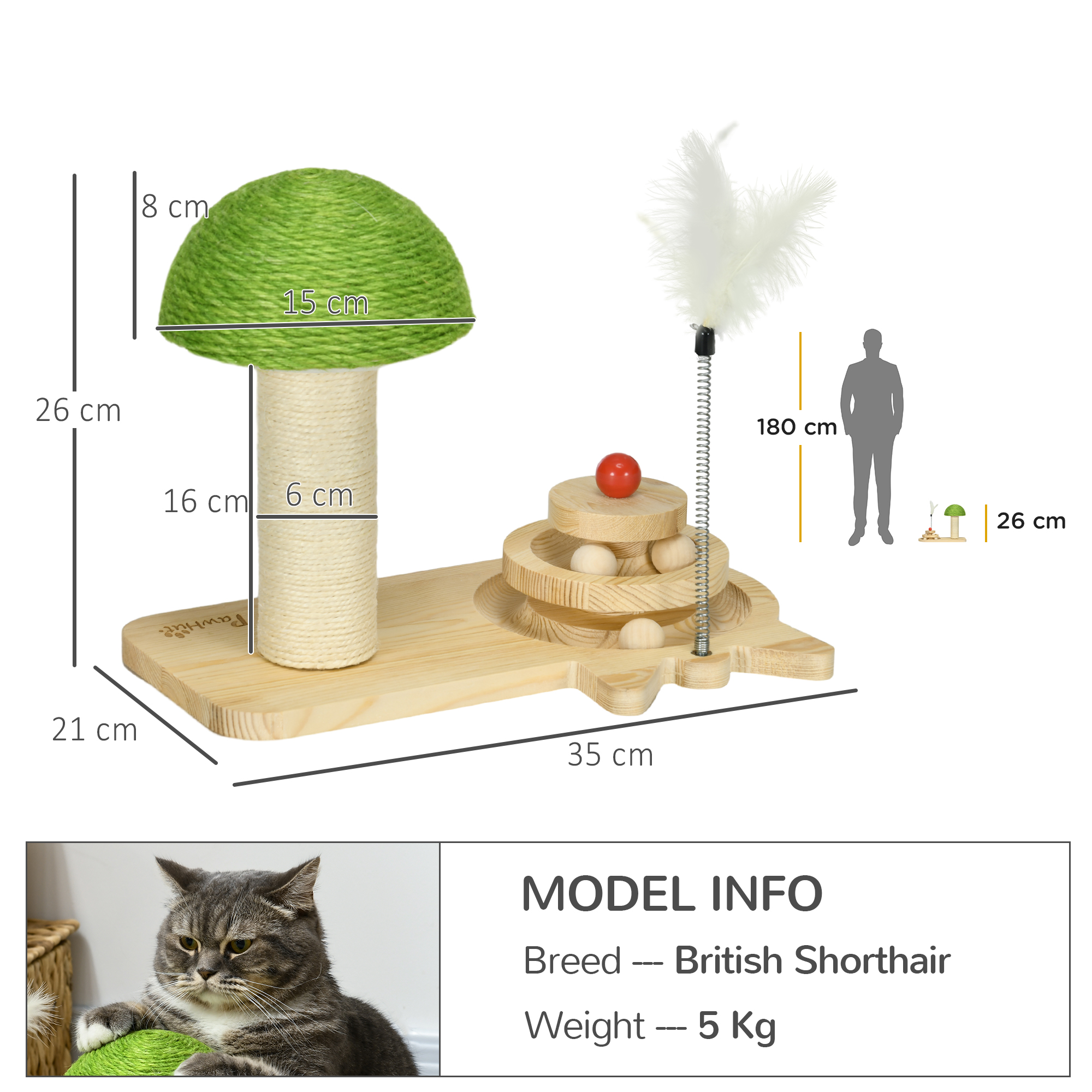 PawHut Mushroom-Shaped Cat Scratching Post, with Toy Balls, Feather for Indoor Cats, 35 x 21 x 26cm Natural Tone 3