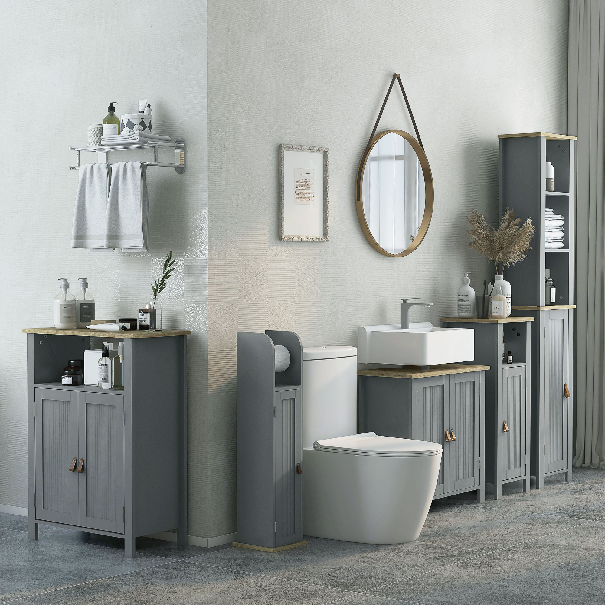 Meuble De Salle De Bain étroit Kleankin - 20x20x80cm - Porte Papier Toilette Avec Placard Et étagères Réglables - Gris - Gain De Place