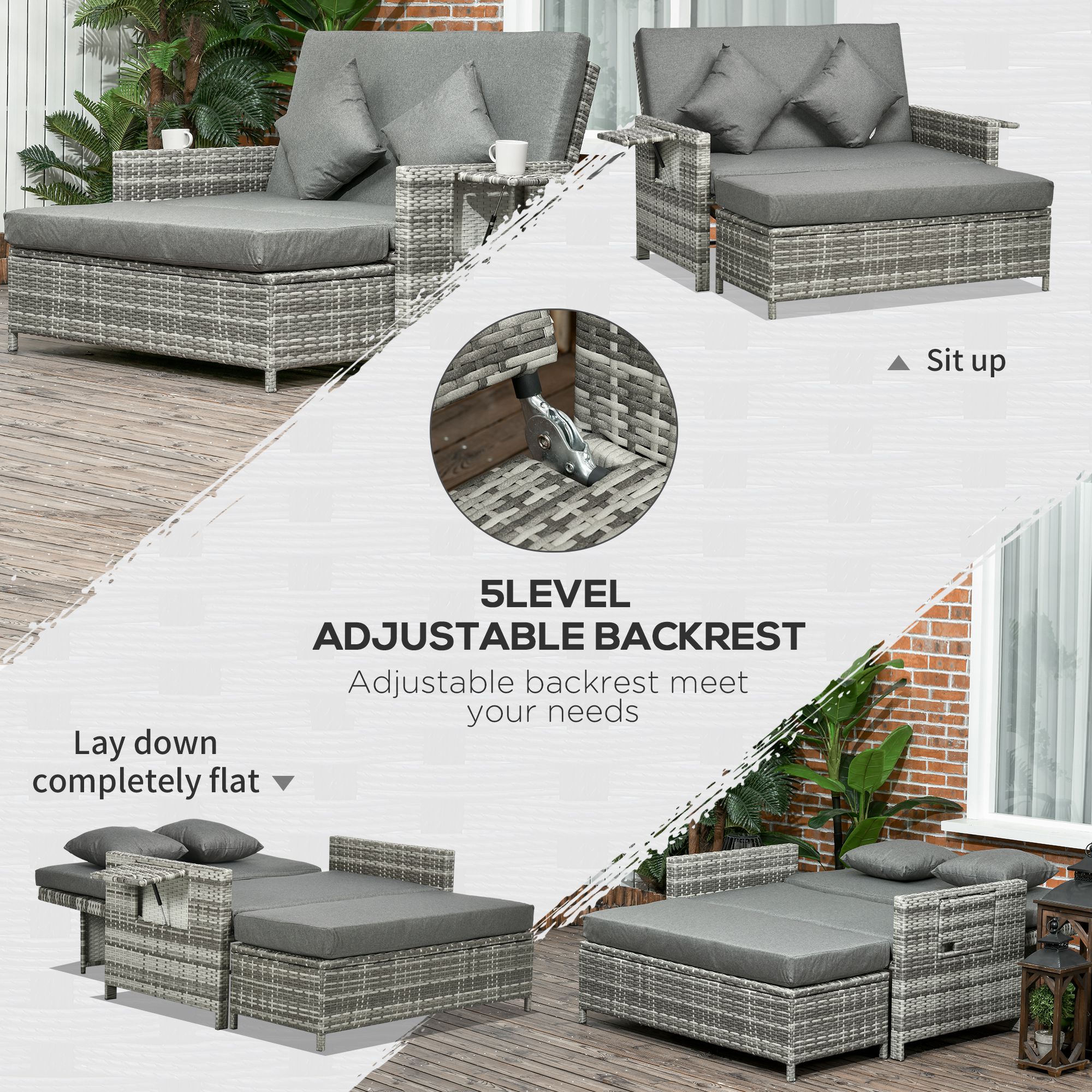 Outsunny Rattan Garden Daybed, Assembled Double Sun Lounger with 5-Level Adjustable Back, Storage Ottoman, Cushions, Pillows and Retractable Trays, Outdoor Loveseat Sofa Bed for Patio, Mixed Grey 4