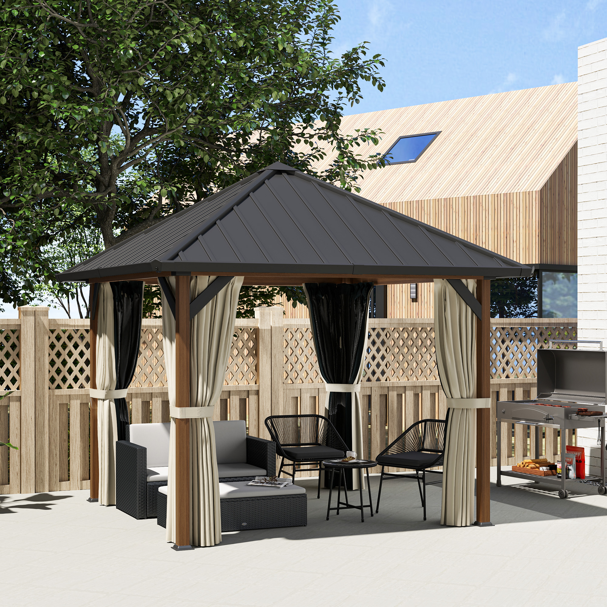 Outsunny 3 x 3(m) Hardtop Gazebo with Galvanised Steel Roof and Water Gutter, Waterproof Permanent Pavilion Garden Gazebo with Netting and Curtains for Patio, Deck, Walnut Wood Finish