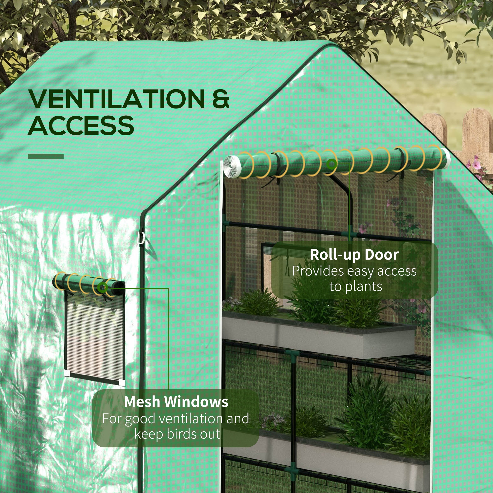 Outsunny Greenhouse Cover Replacement Walk-in PE Hot House Cover with Roll-up Door and Windows, 140 x 143 x 190cm, Green 6