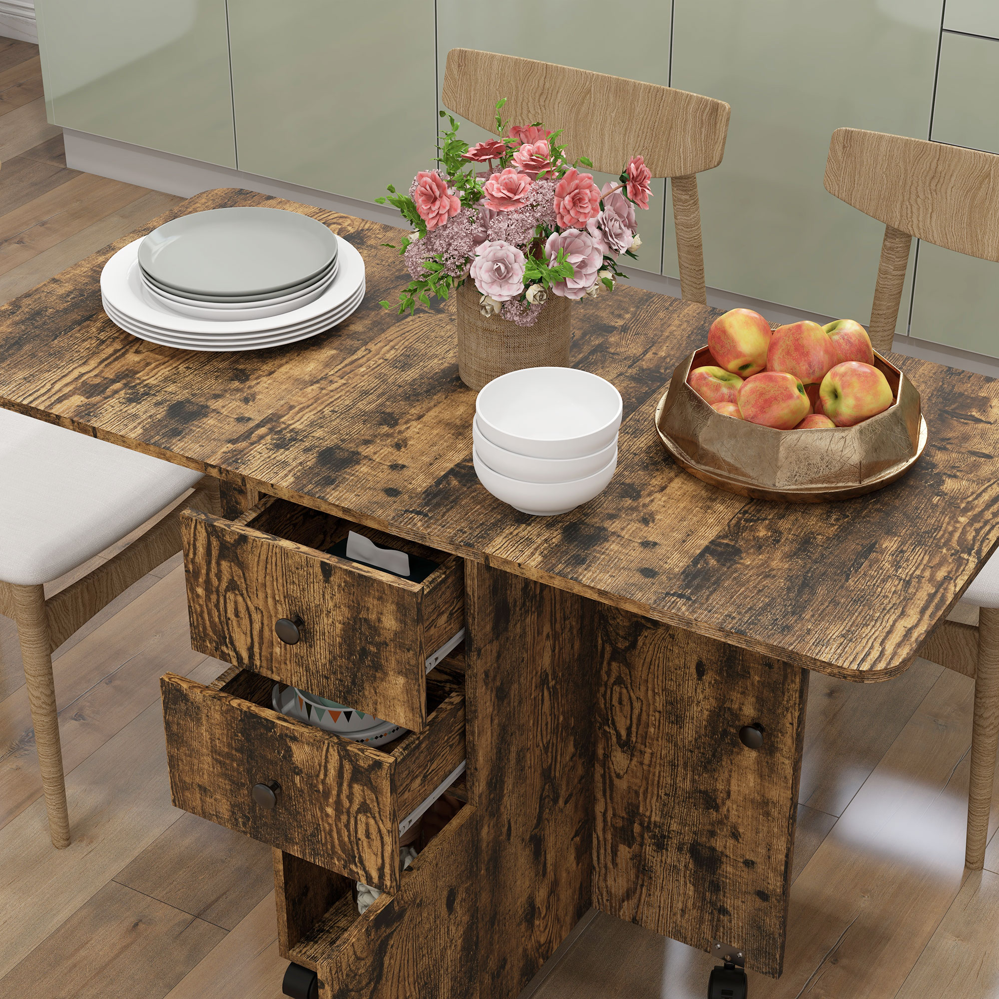 HOMCOM Multi-Storage Six-Person Drop Leaf Dining Table Rustic Brown 8