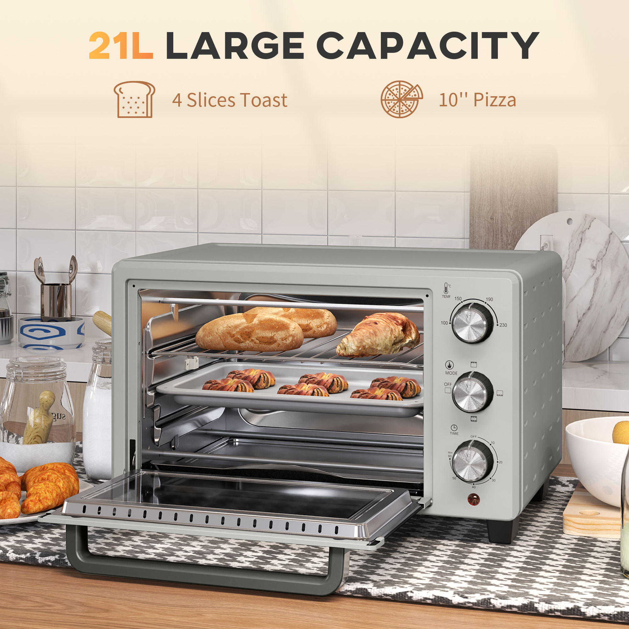 HOMCOM 21L Mini Countertop Oven, 100°C-230°C Adjustable Temp Silver Tone 4