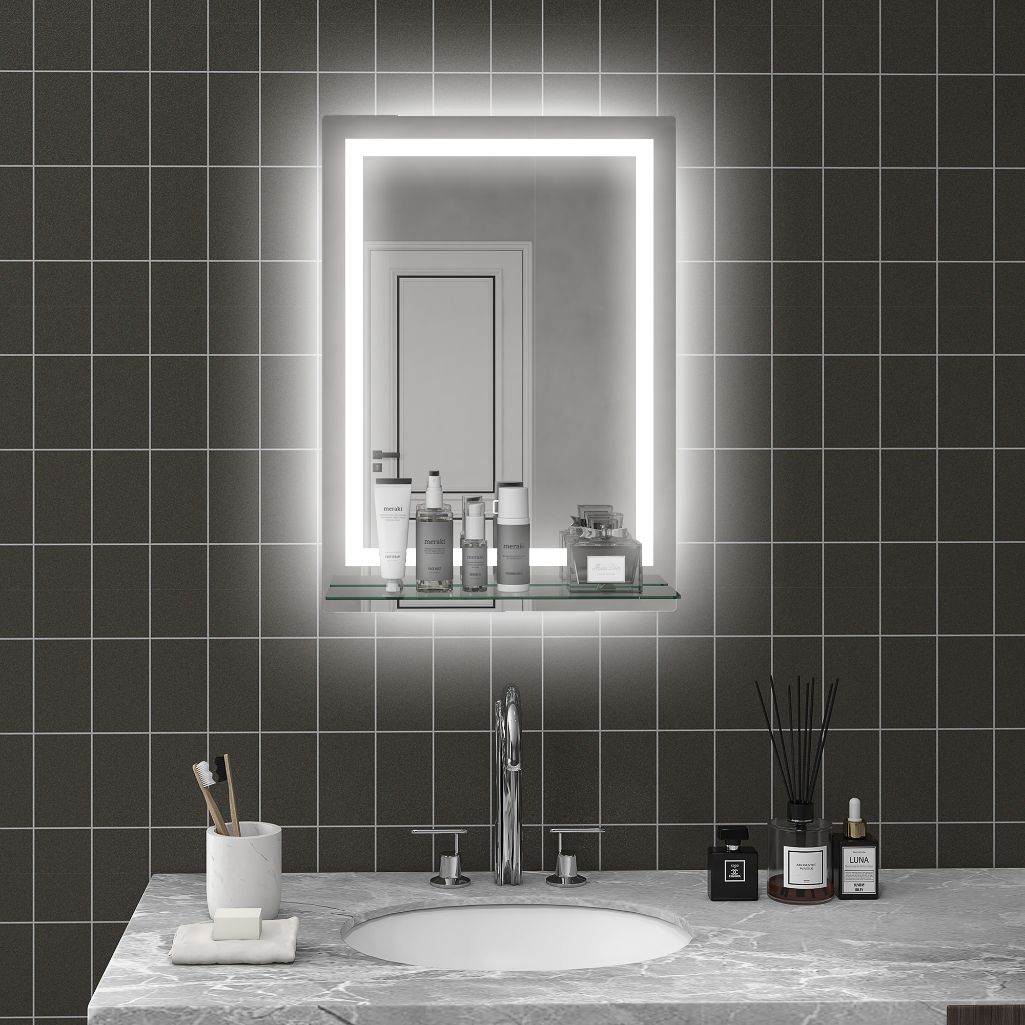 kleankin Specchio Bagno con Luce LED, Specchio da Parete Rettangolare