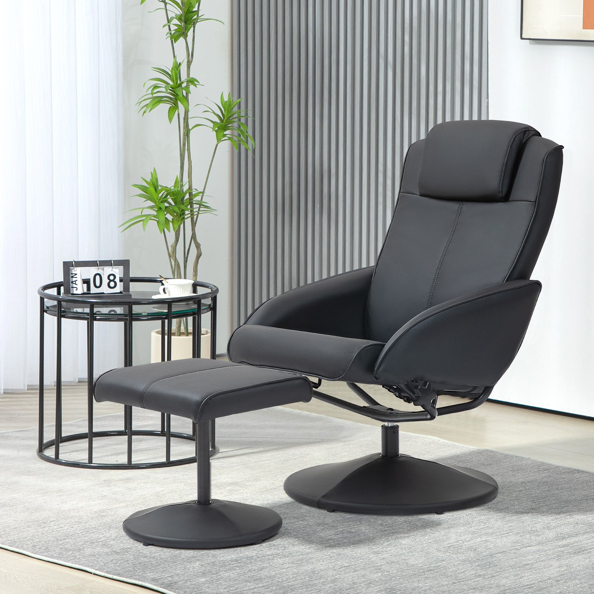 HOMCOM Faux Leather Reclining Chair and Footstool Black 2