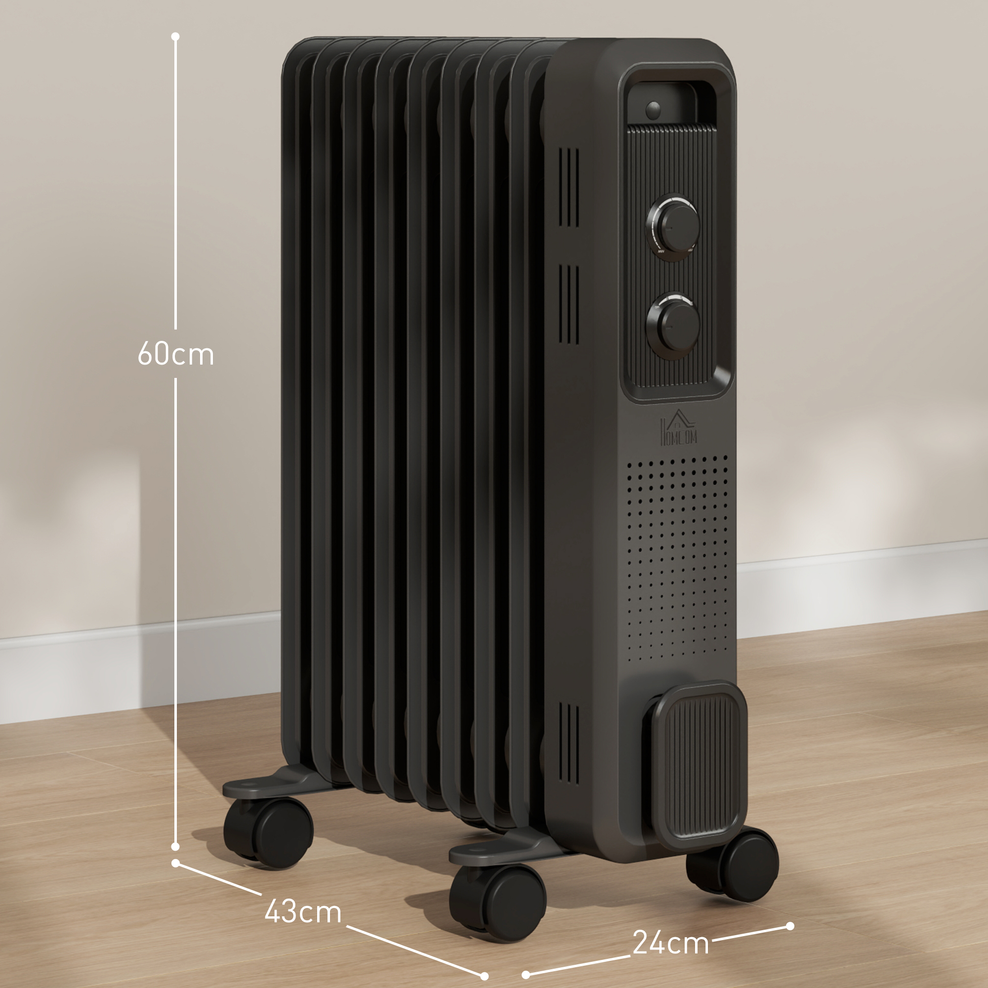 HOMCOM 2000W Oil Filled Radiator, 9 Fin, Portable Electric Heater with 3 Heat Settings, Safety Cut-Off and Wheels, Grey 3