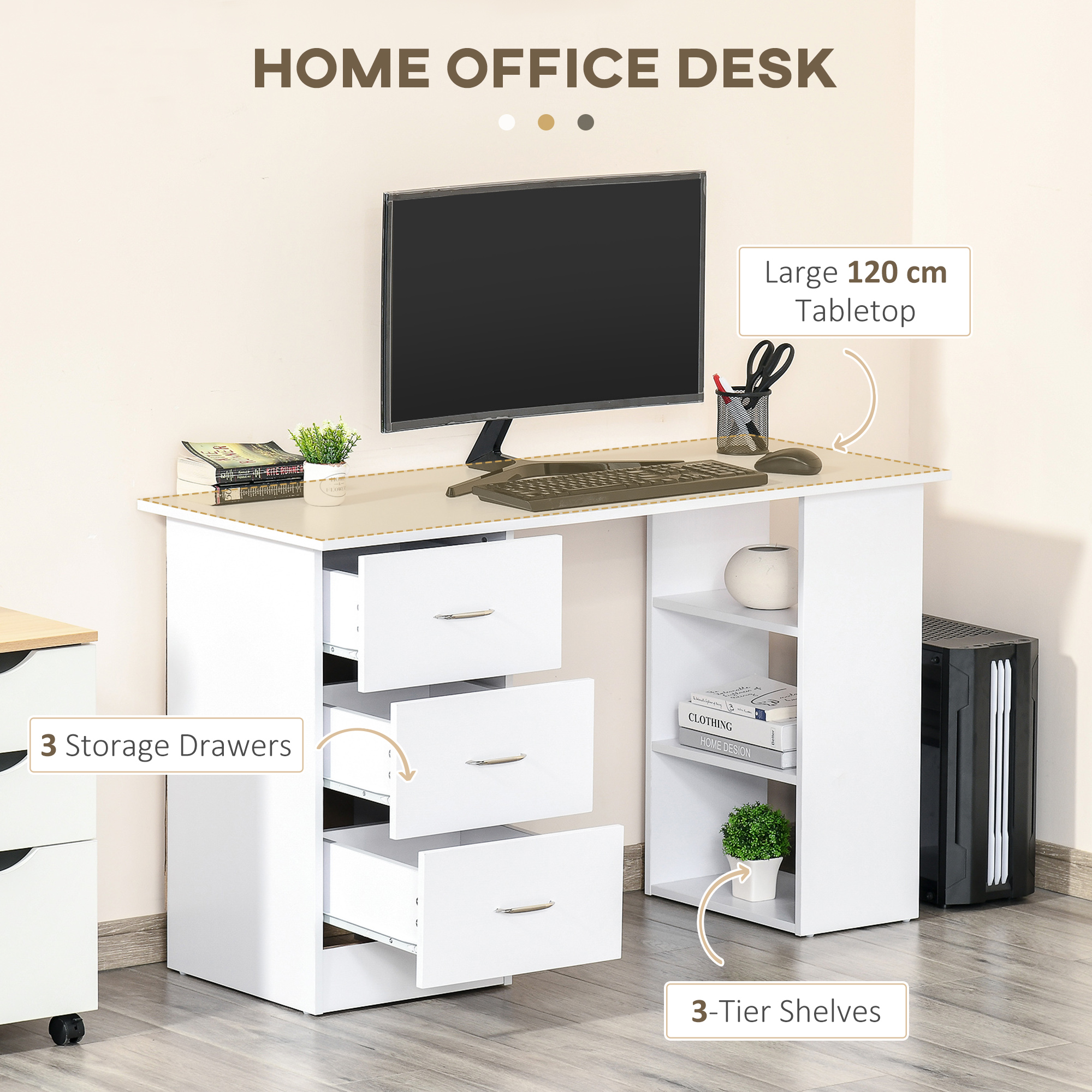 HOMCOM Computer Desk, Writing Table, PC Workstation with 3 Storage Shelves and Drawers, Silver Handle, for Home Office, White 4