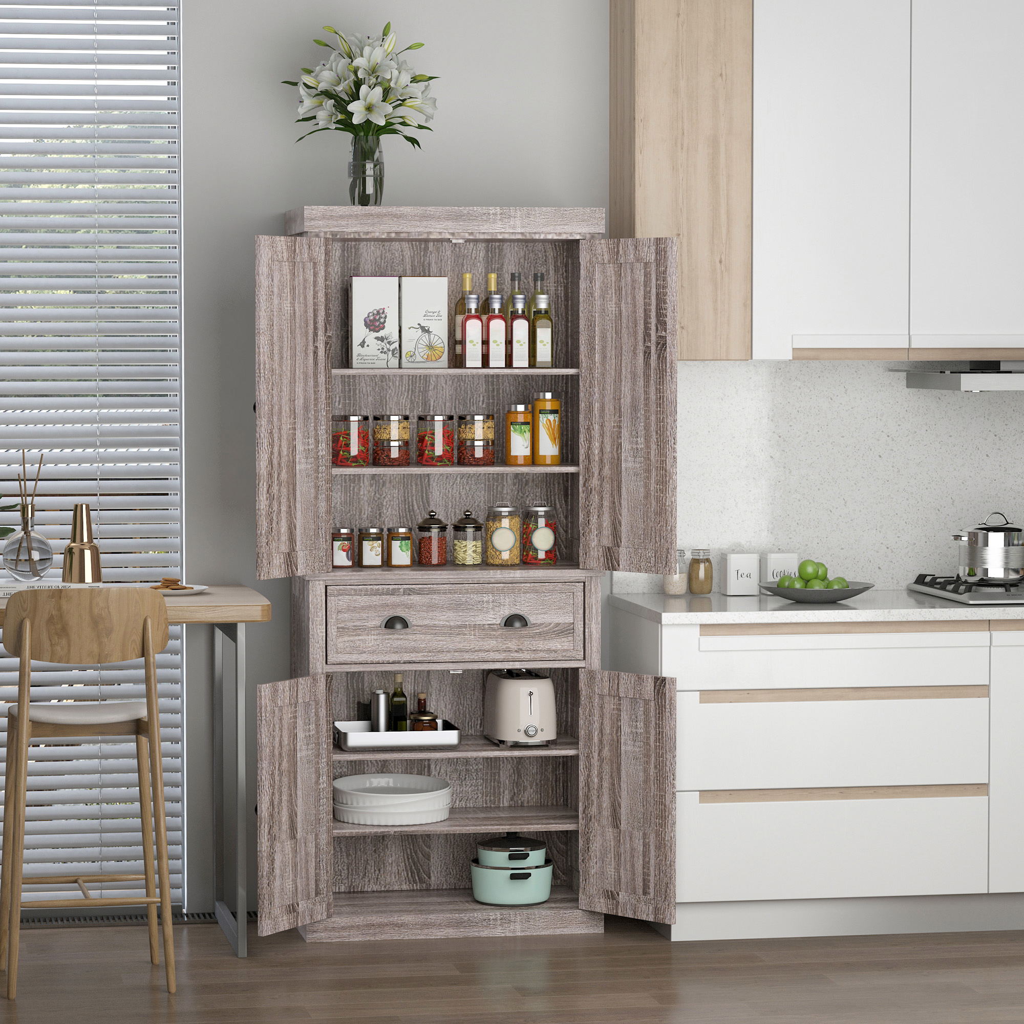 HOMCOM Freestanding Kitchen Cupboard, 184cm Tall Storage Cabinet with Doors and Shelves, Traditional Colonial 4-Door Kitchen Pantry Cupboard with Drawer, Dark Wood Grain 8