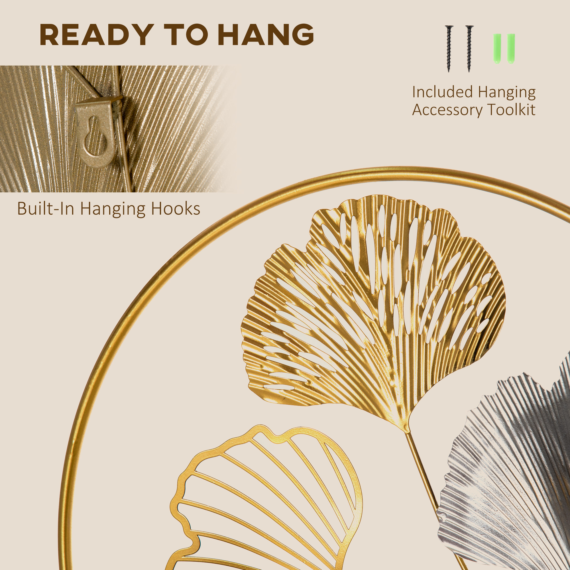 HOMCOM 3D Metal Wall Art Modern Ginkgo Leaves Hanging Wall Sculptures Home Decor for Living Room Bedroom Dining Room, Gold 5
