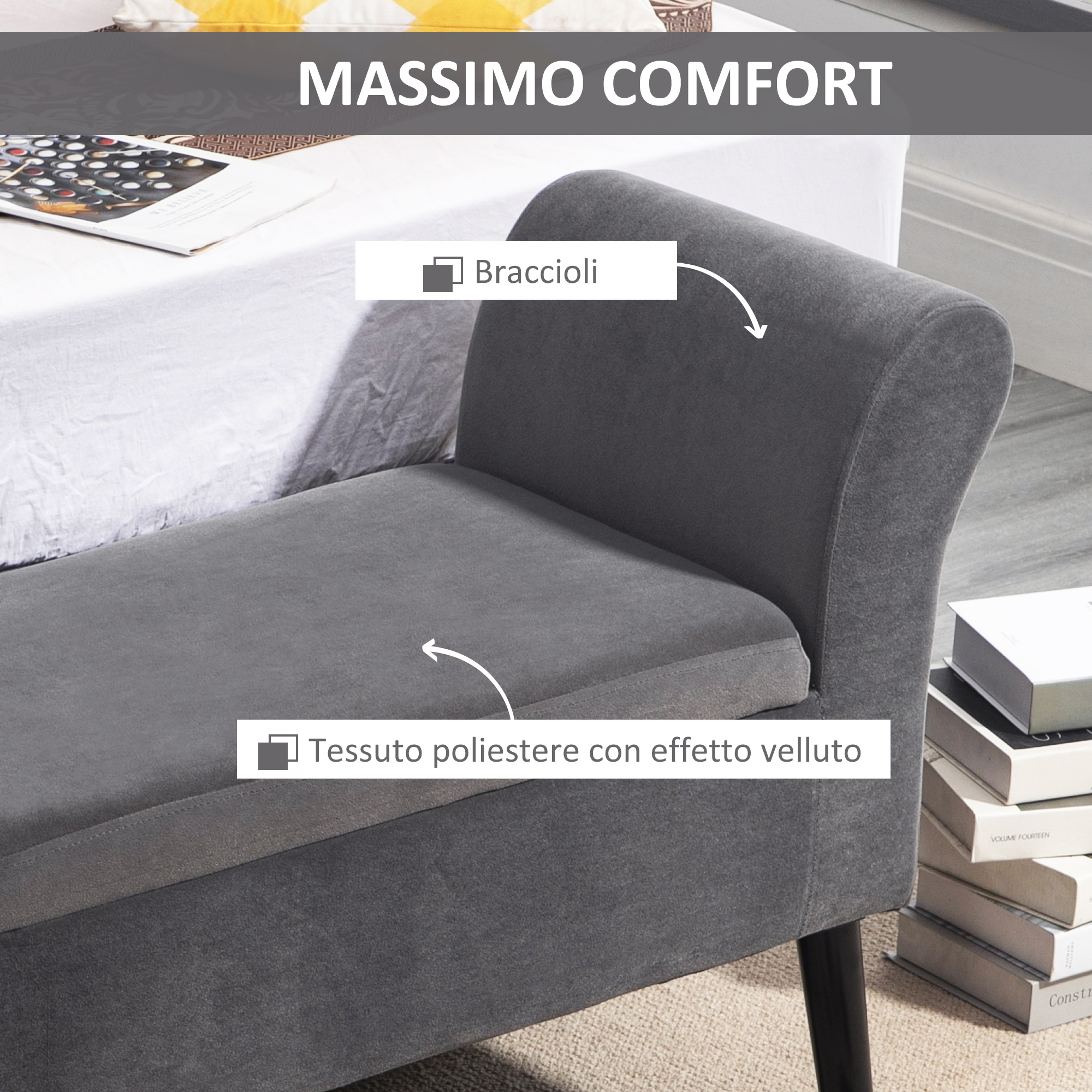 Panca Da Ingresso Imbottita HOMCOM - Moderna, In Tessuto Effetto Velluto Crema, Struttura Acciaio, 94x42x44 Cm