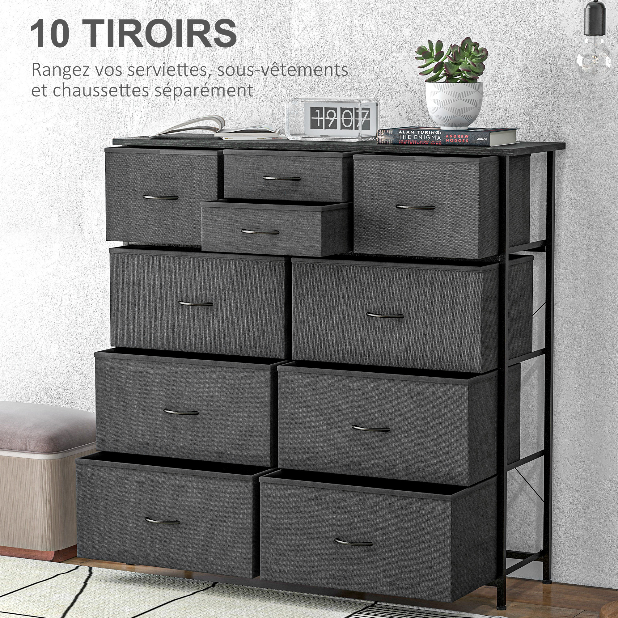 HOMCOM Commode met 9 laden, opbergkast van stof, opvouwbaar, stalen
