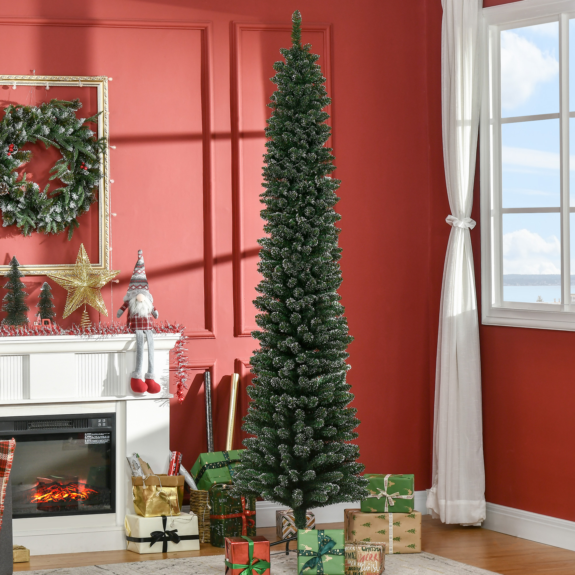 HOMCOM 7.5FT Artificial Snow Dipped Christmas Tree Xmas Pencil Tree Holiday Home Indoor Decoration with Foldable Black Stand, Green 8