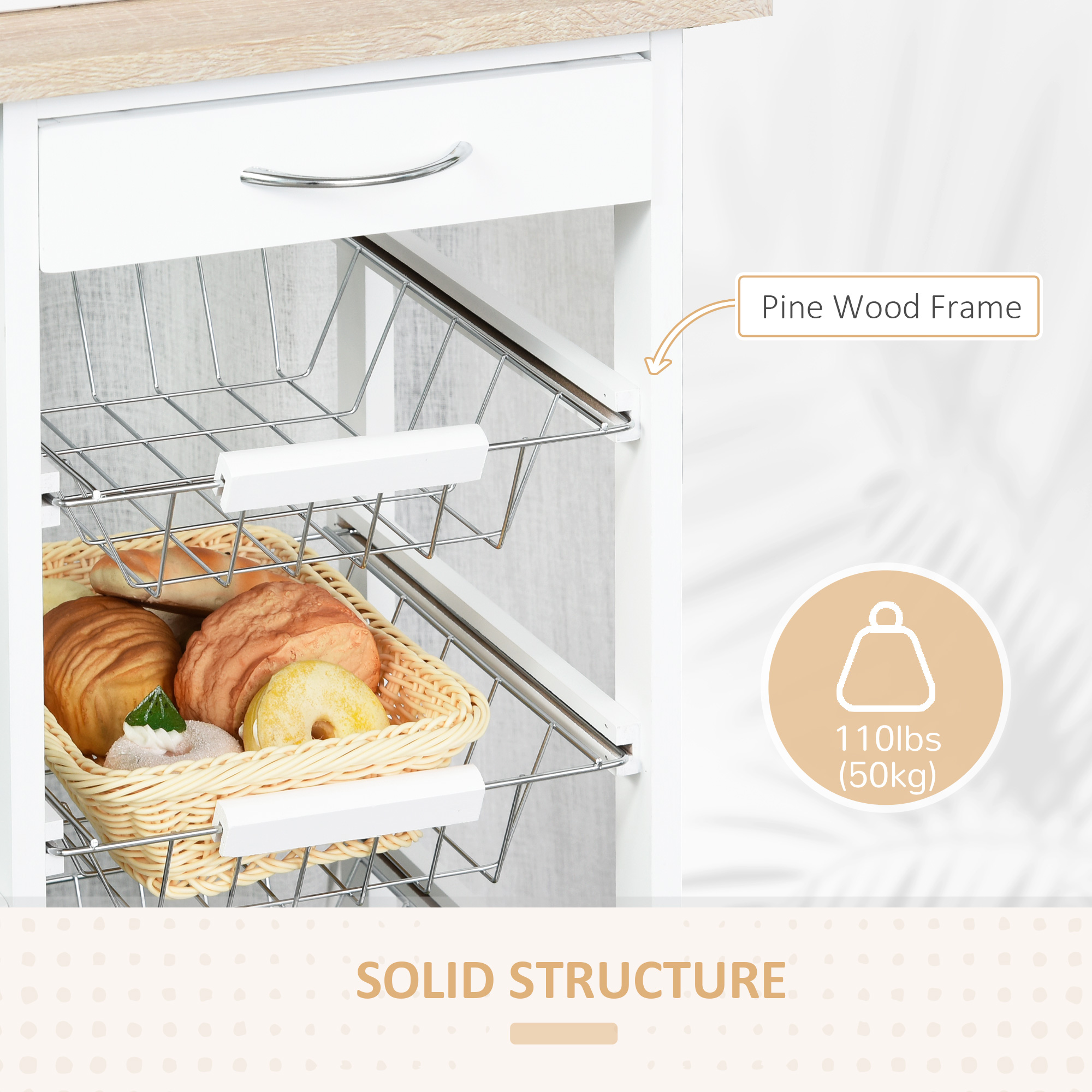 HOMCOM Rolling Kitchen Cart, Utility Storage Cart with 4 Basket Drawers & Side Racks, Wheels for Dining Room, Natural and White 6