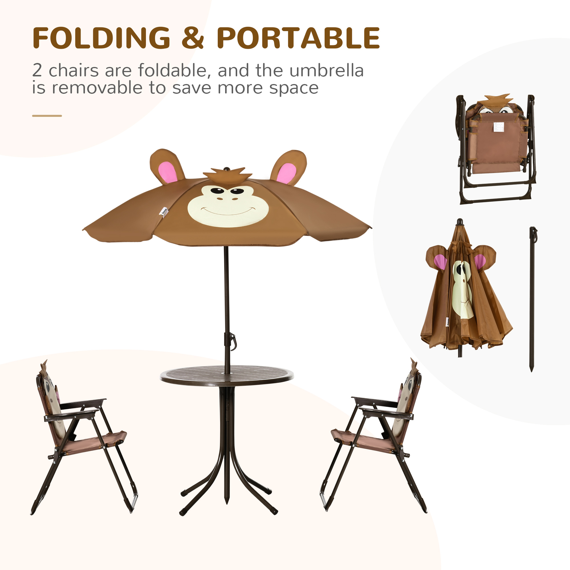 Outsunny Kids Bistro Table and Chair Set, Outdoor Folding Garden Furniture w/Monkey Design, Removable, Adjustable Sun Umbrella, Ages 3-6 Years Brown 4