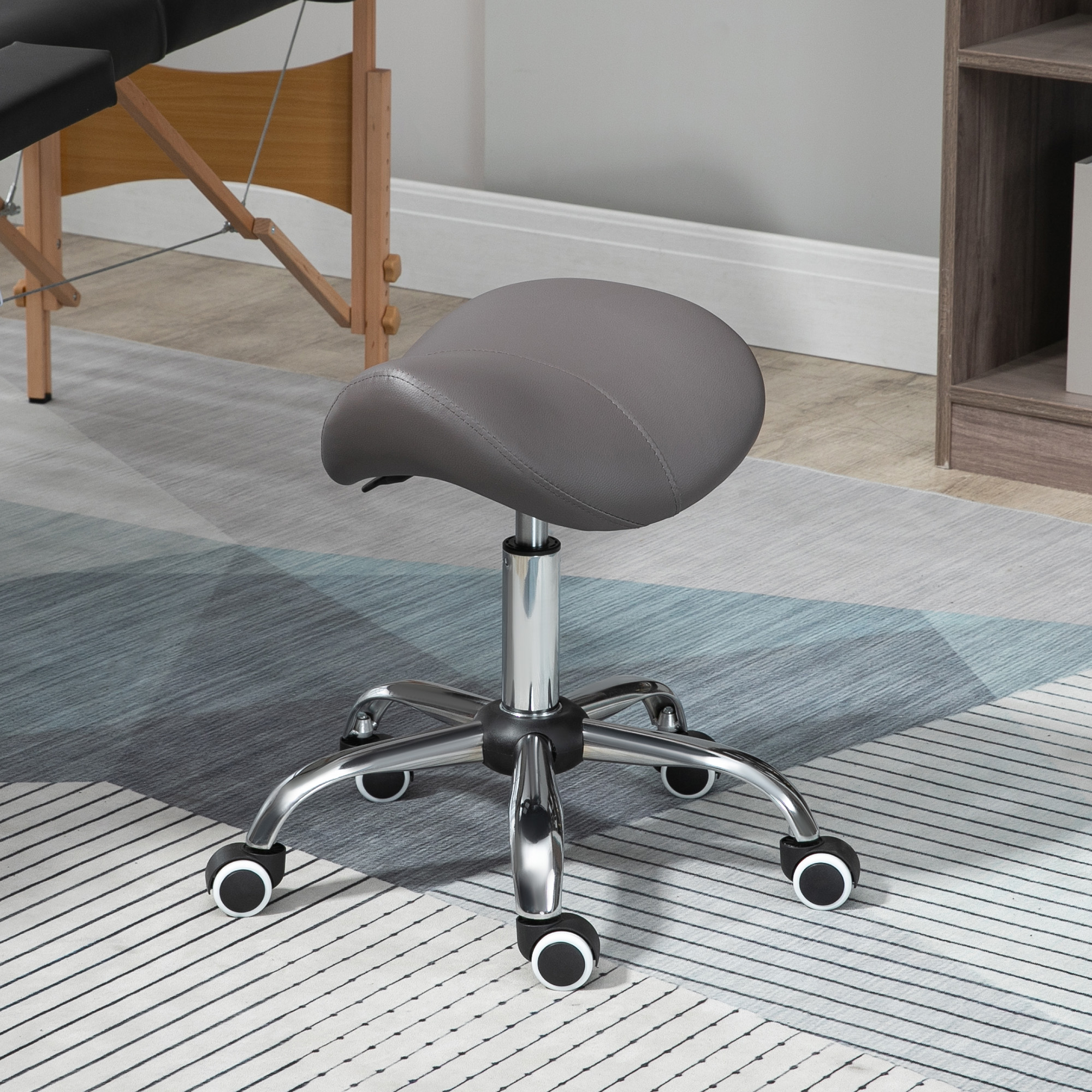 HOMCOM Cosmetic Stool 360° Rotate Height Adjustable Salon Massage Spa Chair Hydraulic Rolling Faux Leather Saddle Stool, Grey 2