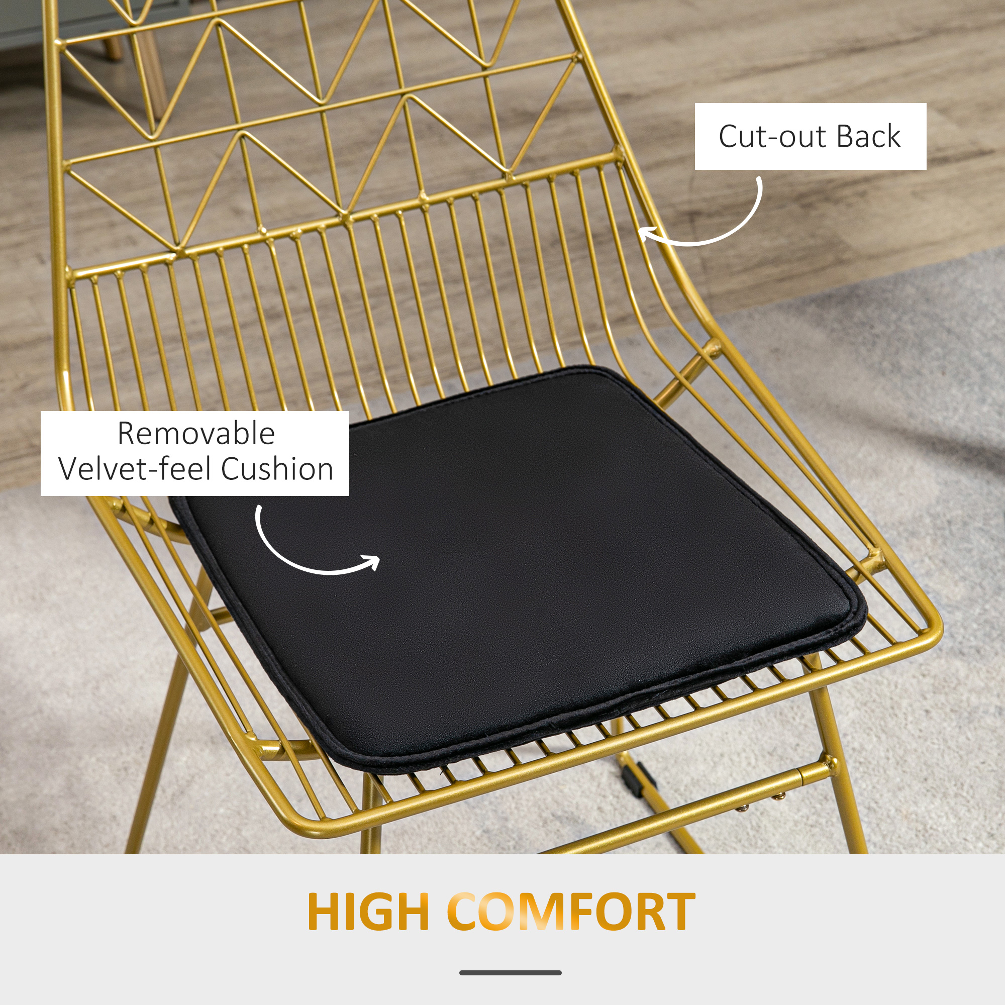 HOMCOM Luxurious Dining Chairs Set of 2, Metal Wire Kitchen Chair with Removable Velvet-feel Cushion, Cut-out Back and Steel Frame for Dining Room, Gold Tone 5