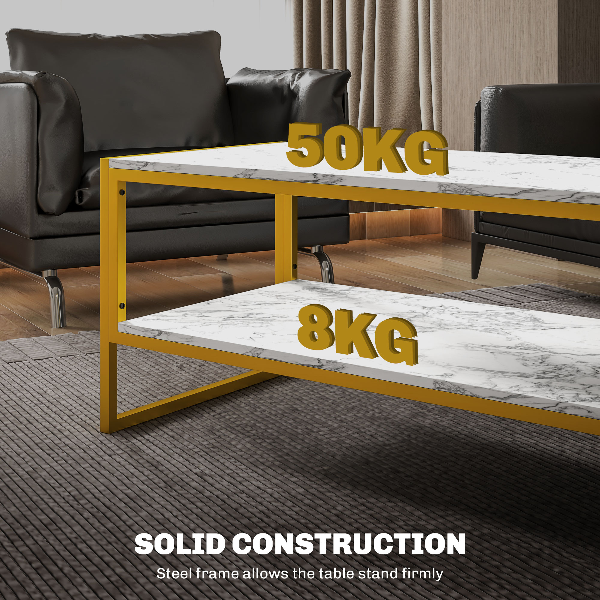 HOMCOM Coffee Table, Two-Tier Faux Marble Effect Centre Table with Metal Frame and Storage Shelf for Living Room, 106 x 50 x 45cm, White 5