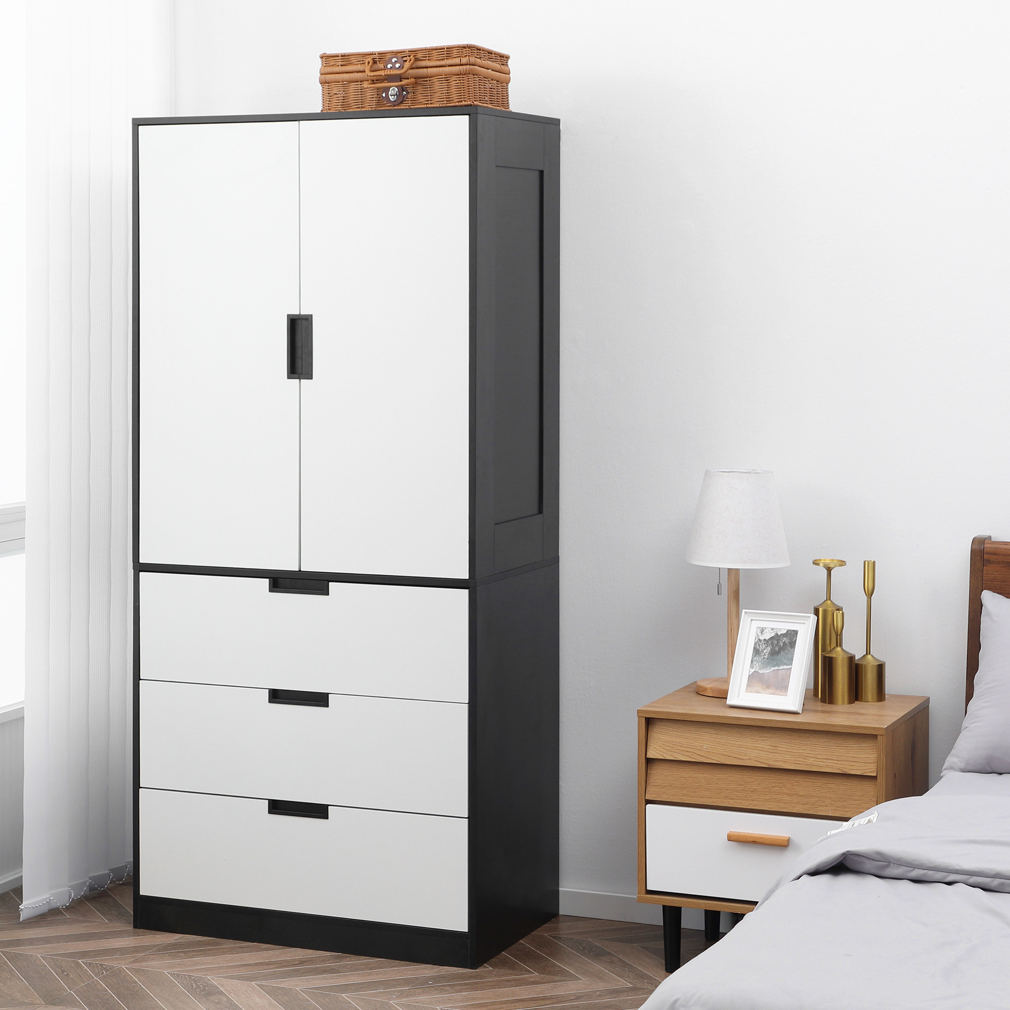 HOMCOM 2 Door Wardrobe, Modern Wardrobe with 3 Drawers and Hanging Rod for Bedroom, Black 2