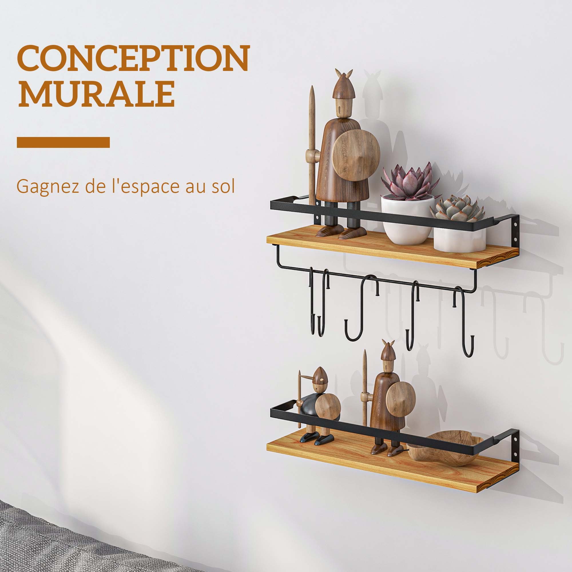 Lot 2 étagères Murales Métal Noir 43cm Avec Crochets Et Adhésifs - Navaris