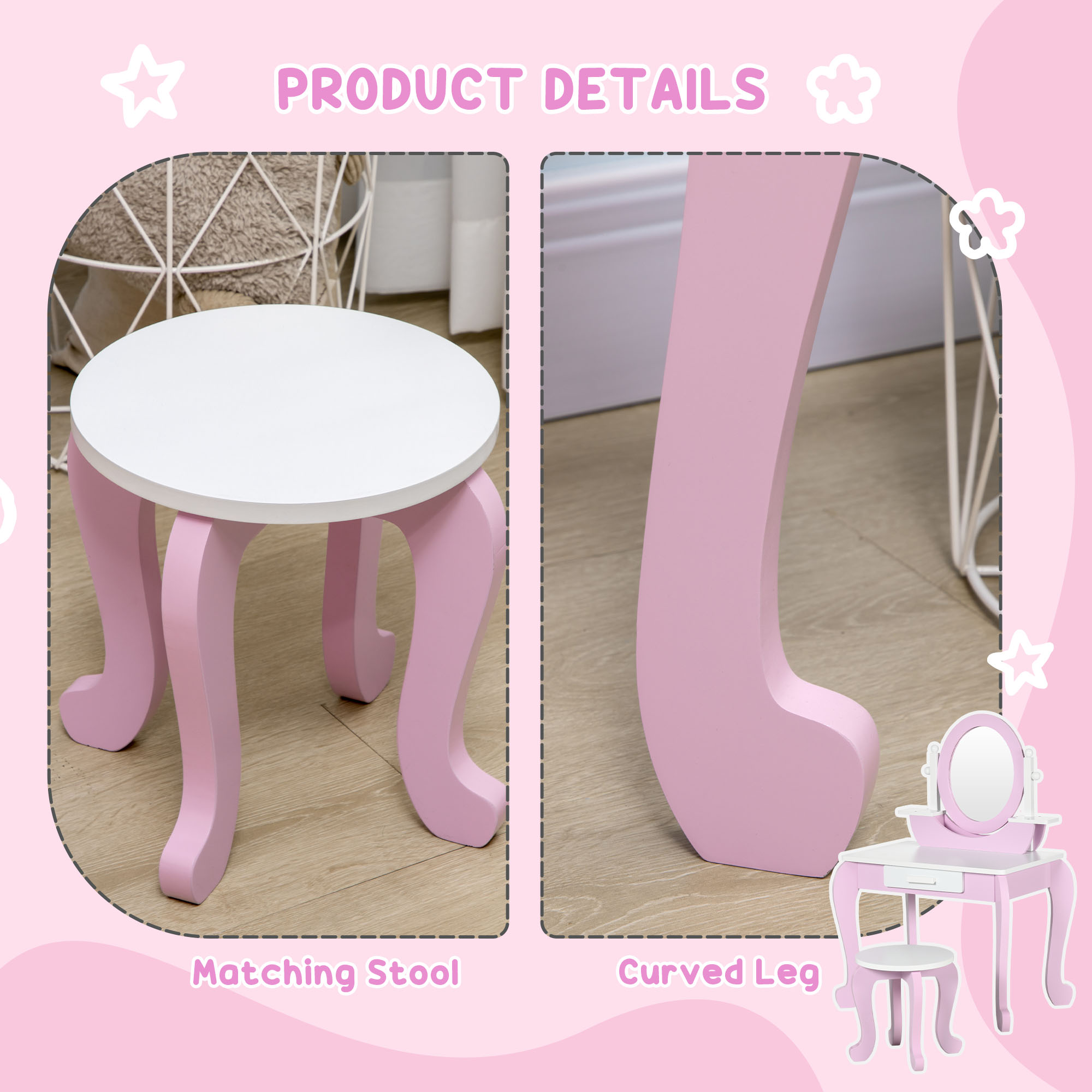ZONEKIZ Kids Dressing Table Set, with Mirror, Stool, for Ages 3-6 Years Pink 6