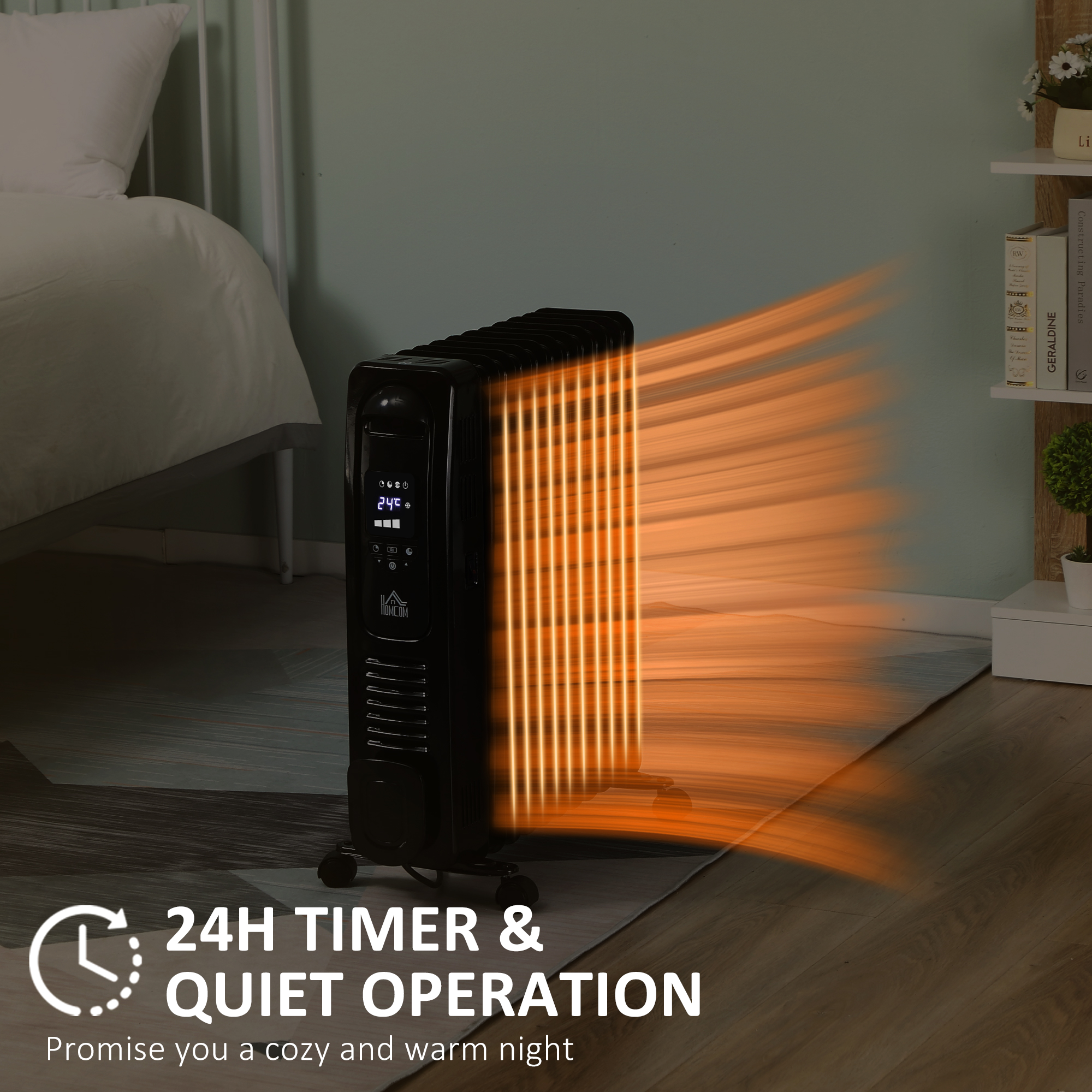 HOMCOM 2500W Digital Display Oil Filled Radiator, 11 Fin Portable Electric Heater with Timer, Adjustable Thermostat, Three Heat settings, Safety Cut Off, Remote, Black 6