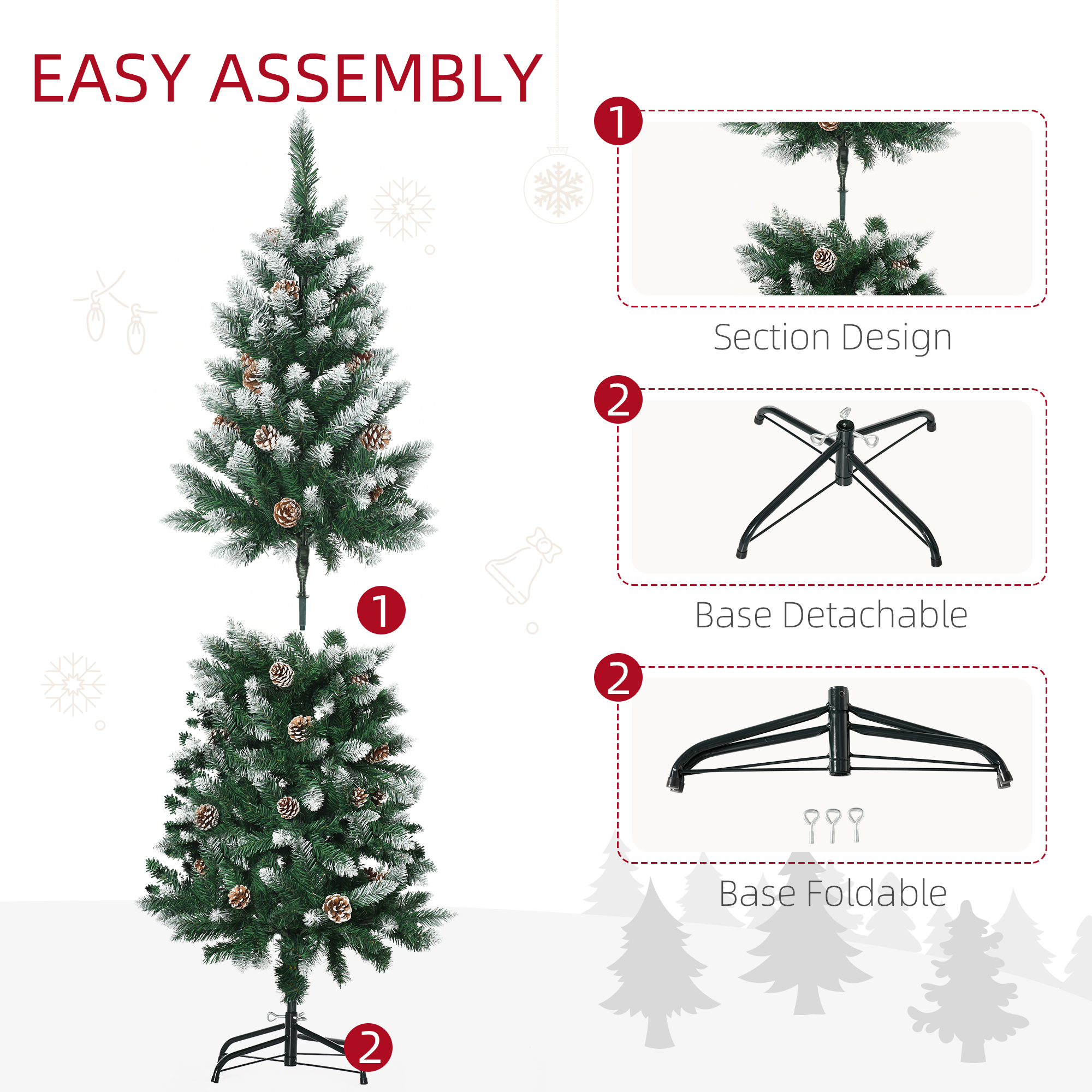 HOMCOM 5 Ft Snow Artificial Christmas Tree with Realistic Branches, Pine Cone, for Indoor Decoration, Green White 8