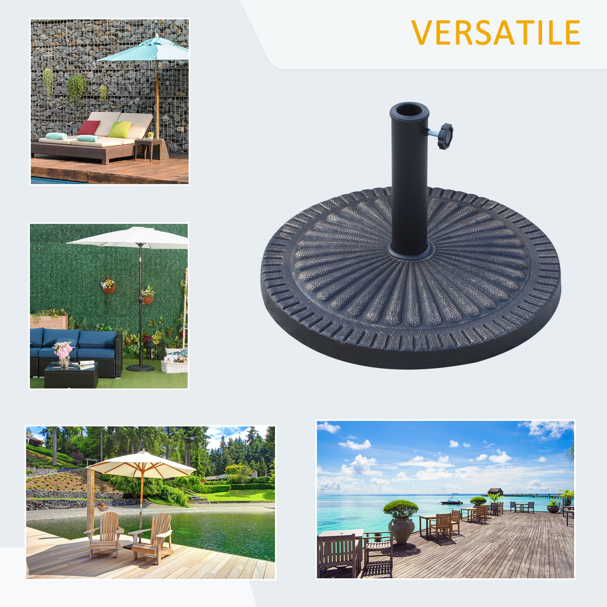 Outsunny Base Per Ombrellone Rotonda 43cm – 13 Kg In Cemento, Per Pali 38 E 48 Mm, Falso Legno Nero, Stabile E Decorativa