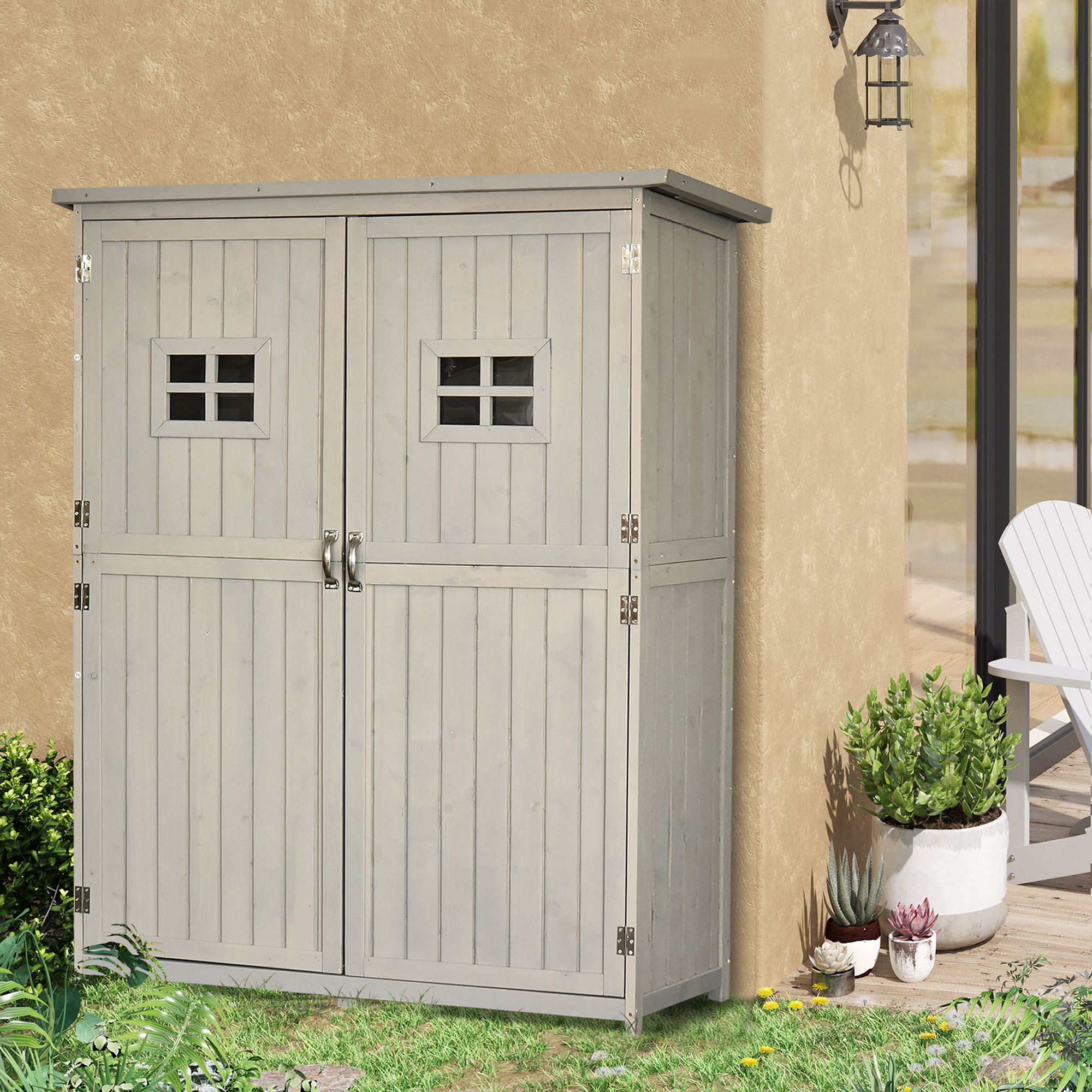 Outsunny Wooden Garden Shed with Two Windows, Tool Storage Cabinet, Outdoor Double Door Organizer 127.5L x 50W x 164H cm, Grey 2