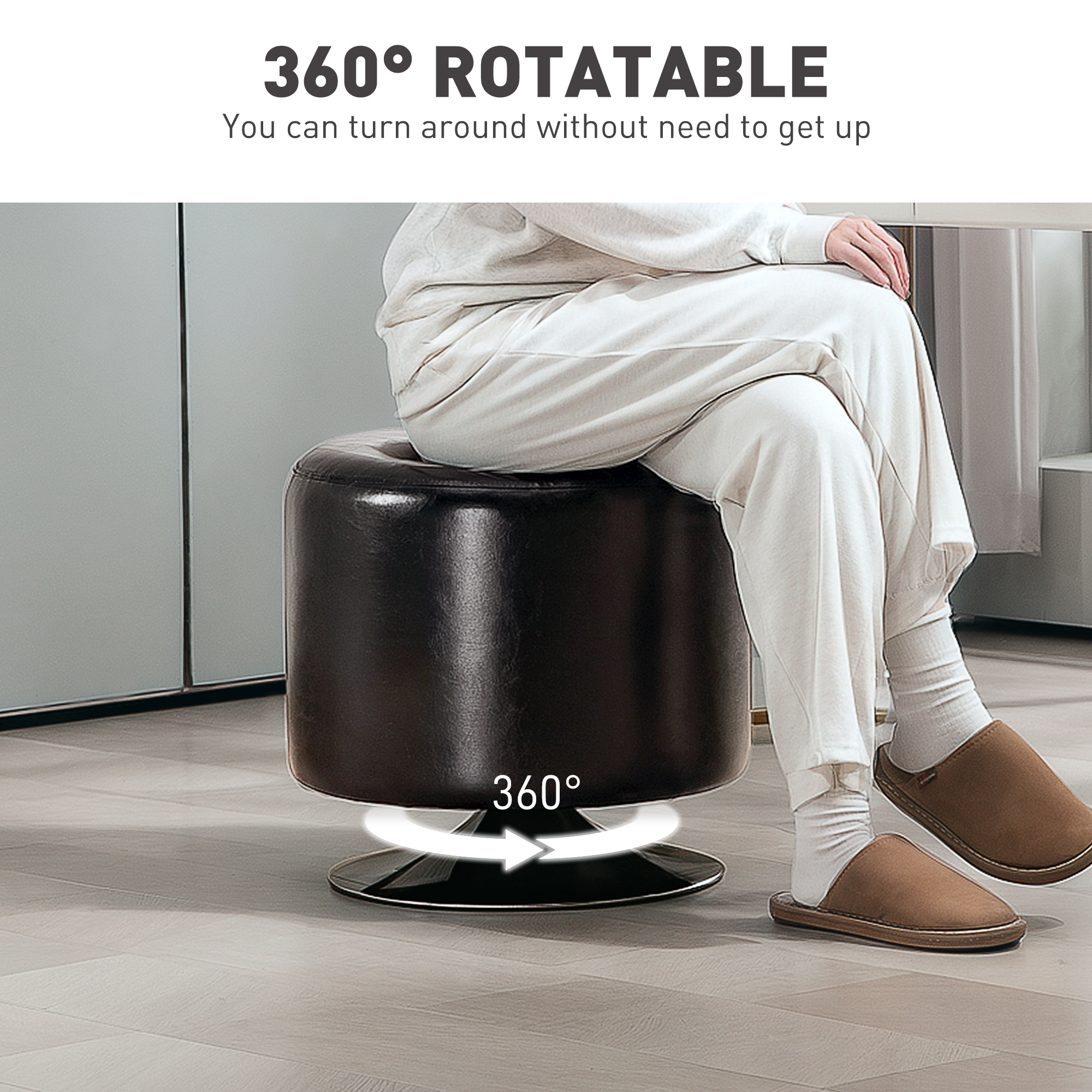 HOMCOM 360° Swivel Foot Stool Round PU Footstool with Thick Sponge Padding and Solid Steel Base, Brown 4