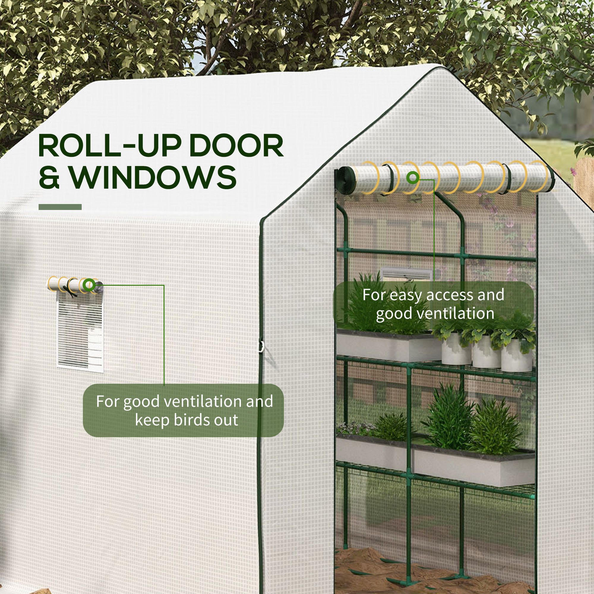 Outsunny Walk-in Greenhouse with 3 Tier 12 Shelves, Small Greenhouse with Reinforced PE Cover, Garden Plant Growhouse with Roll-up Door and Three Mesh Windows, 140 x 213 x 190 cm, White 6