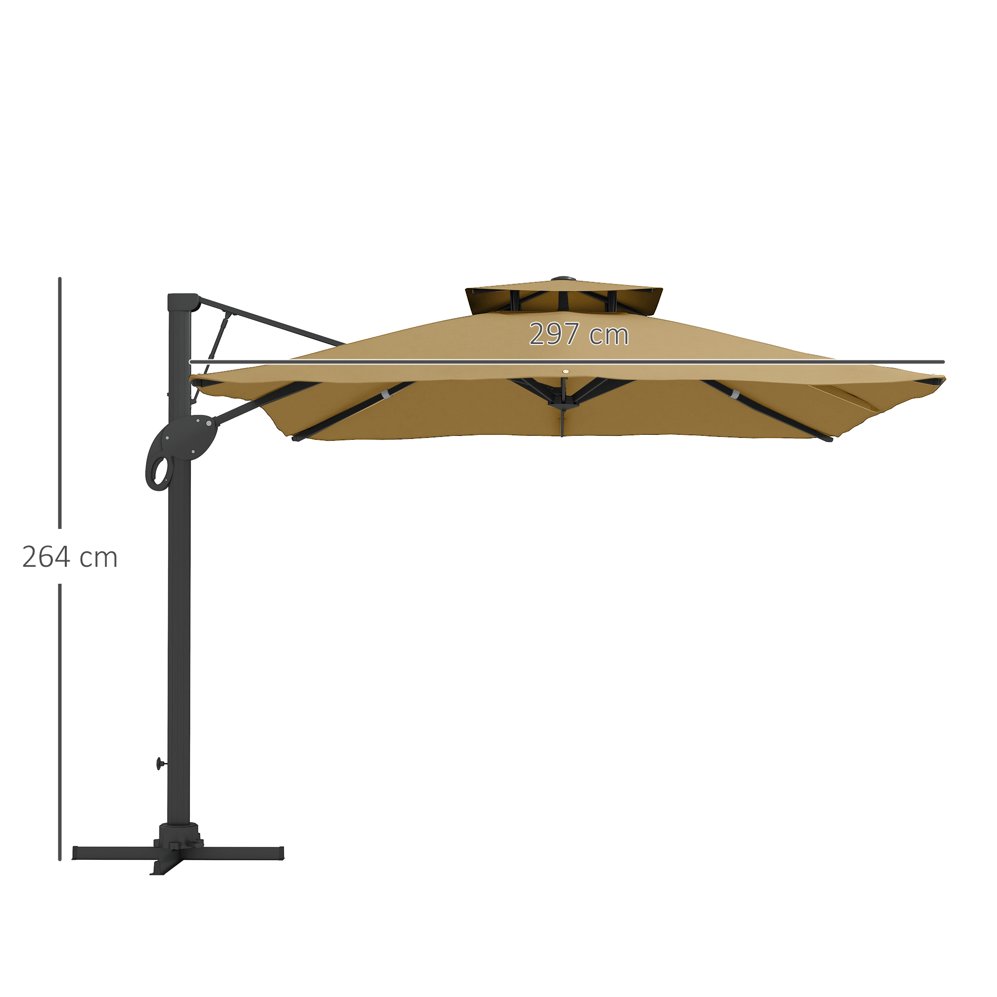 Outsunny Garden Parasol, 3(m) Cantilever Parasol with Hydraulic Mechanism, Dual Vented Top, 8 Ribs, Cross Base, Khaki 3