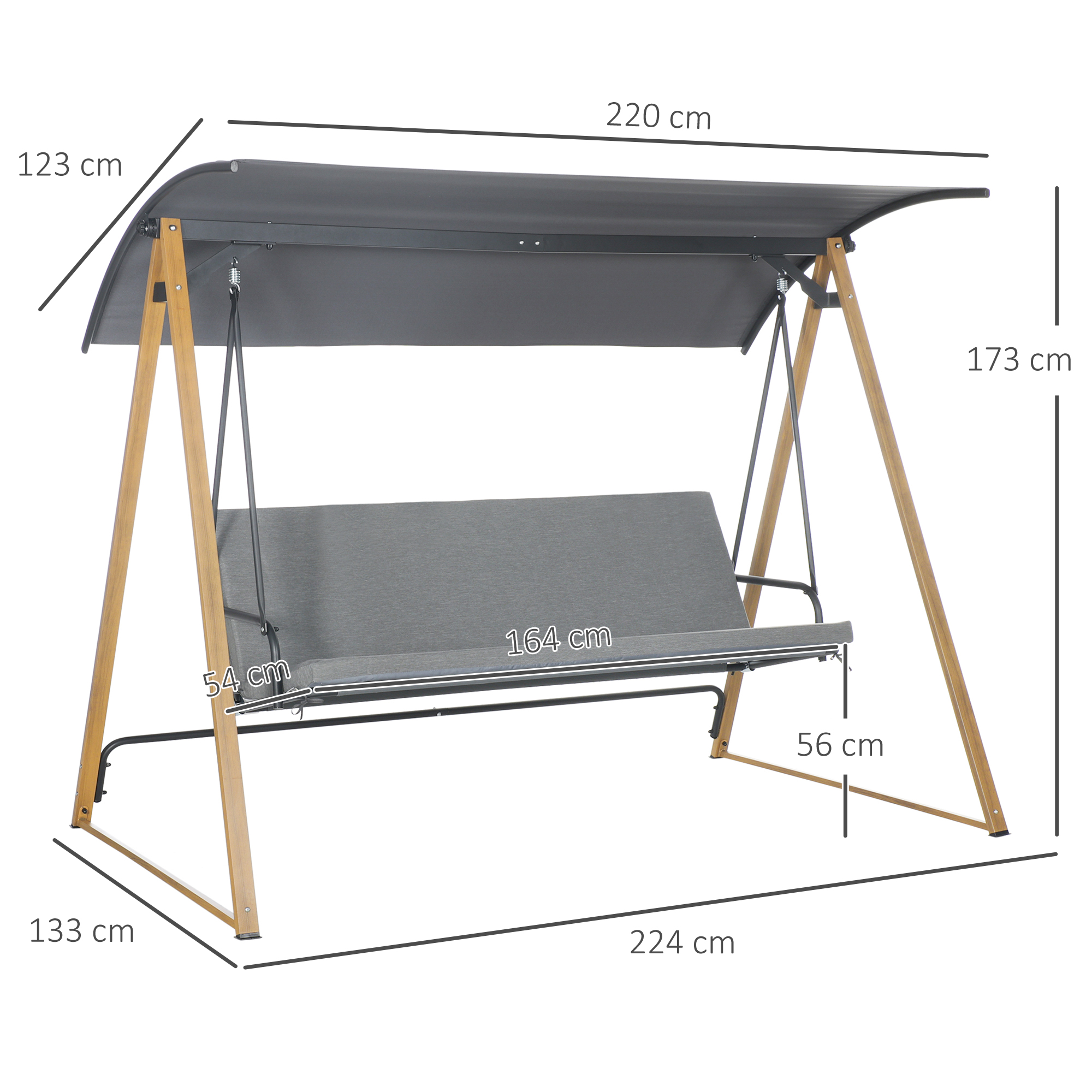 Outsunny 3 Seater Swing Chair, Garden Swing Bench with Adjustable Canopy, Cushioned Seat and Weather Resistant Steel Frame for Patio, Yard 3