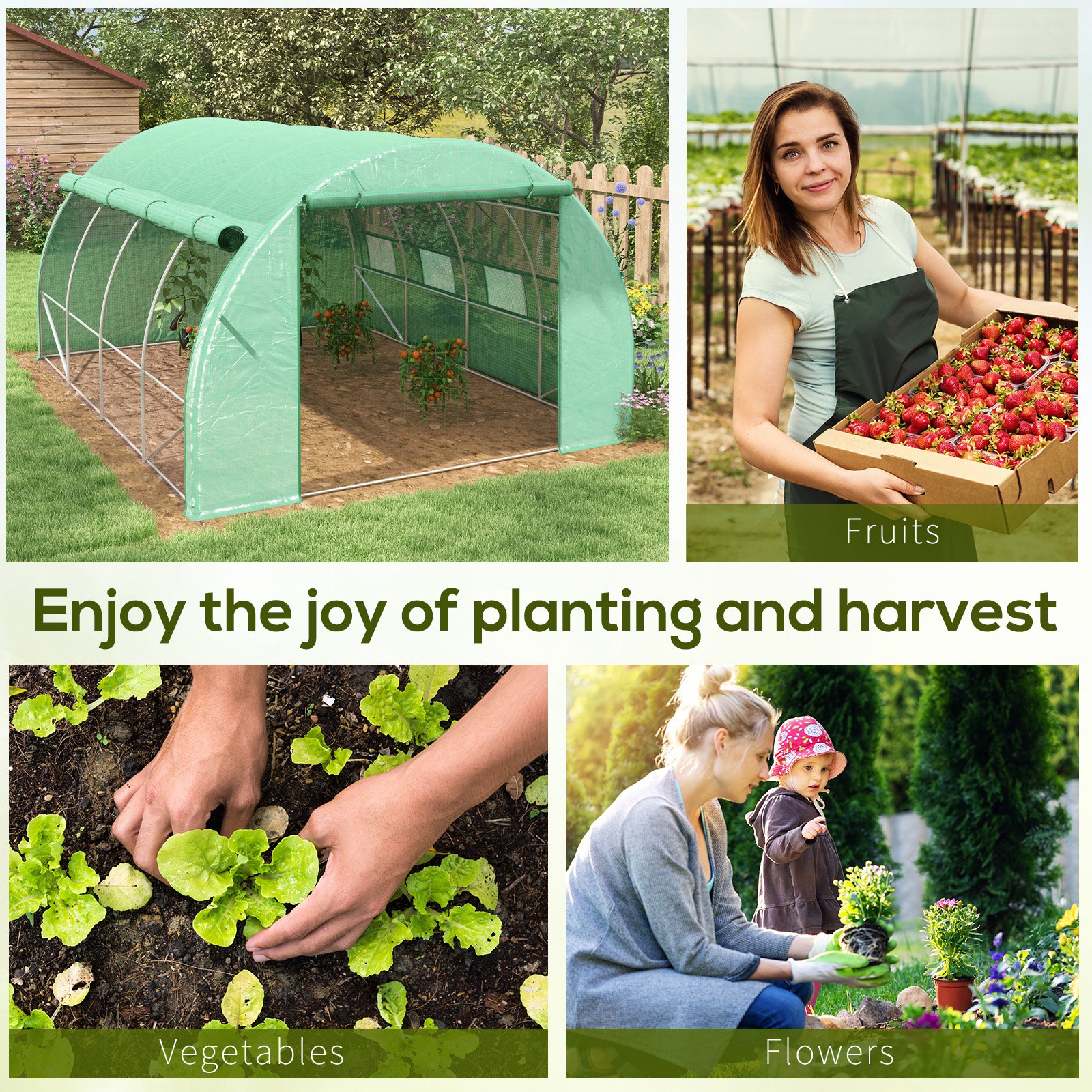 Outsunny Polytunnel Greenhouse Walk-in Grow House Tent with Roll-up Sidewalls, Zipped Door and 8 Windows, 4x3x2m Green 7