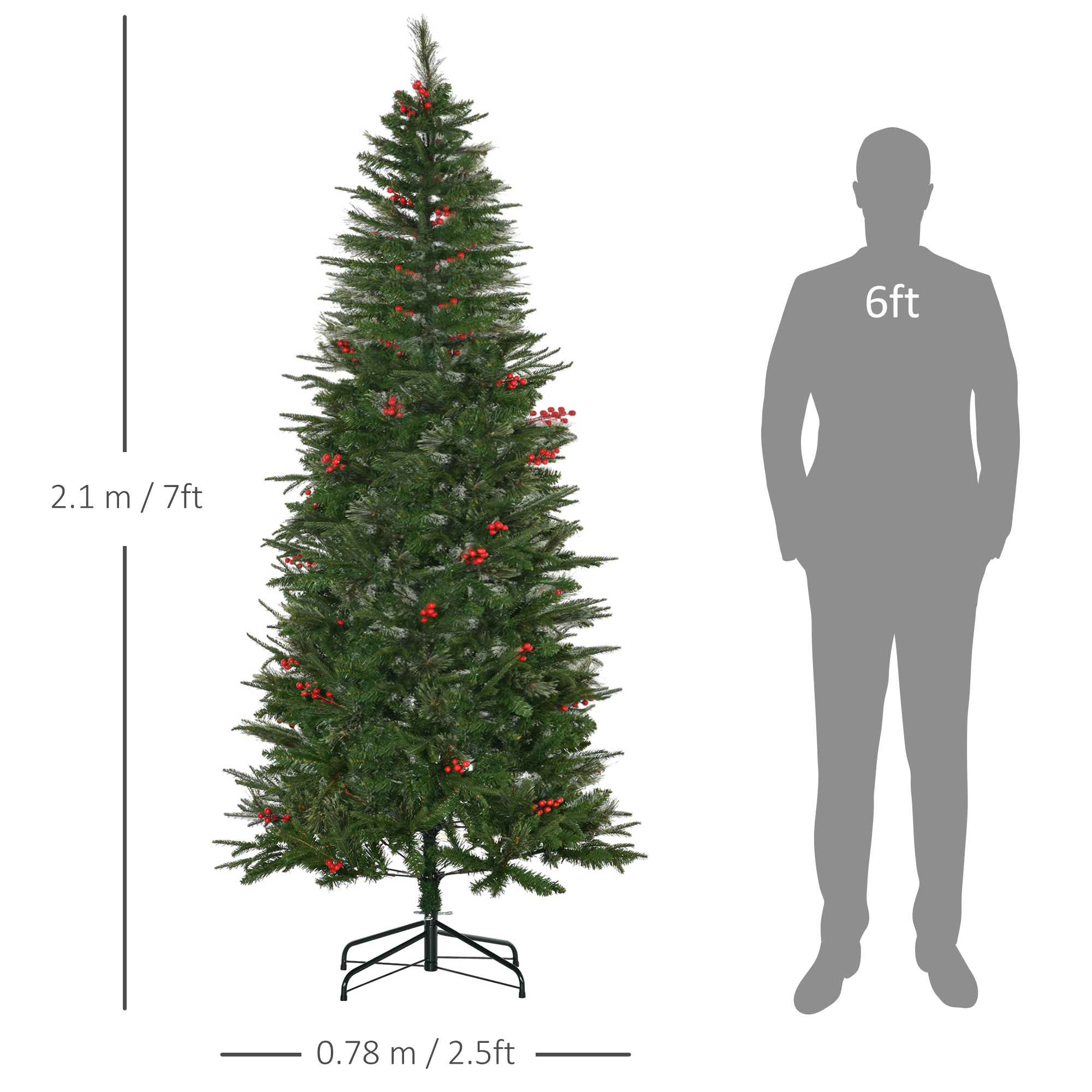 HOMCOM 7ft Pencil Artificial Christmas Tree with Realistic Branches, Red Berries, Auto Open, Green 3