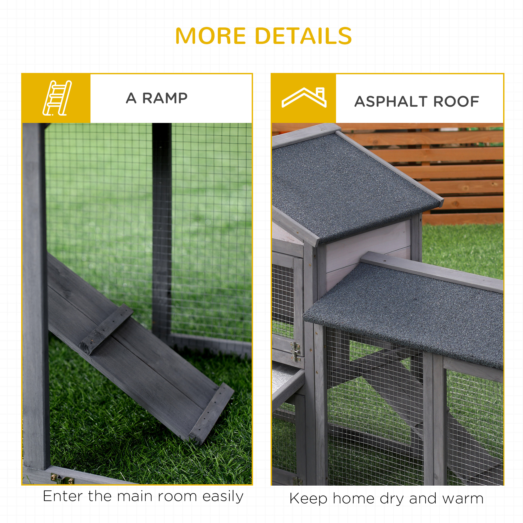 PawHut Wooden Rabbit Hutch Outdoor, Double Tier with Water-Resistant Roof, Ramp 147 x 54 x 84 cm, Grey 7