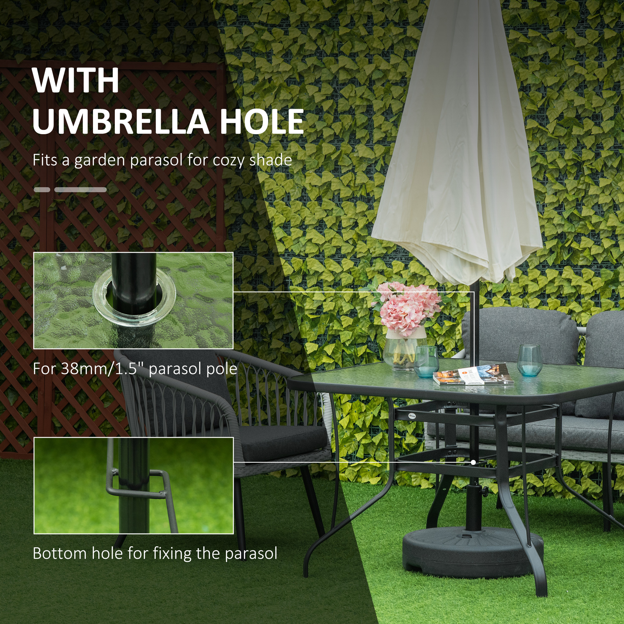 Outsunny Square Outdoor Garden Dining Table with Parasol Hole, Tempered Glass Top, Steel Frame for Garden, Lawn, Patio, Black 4