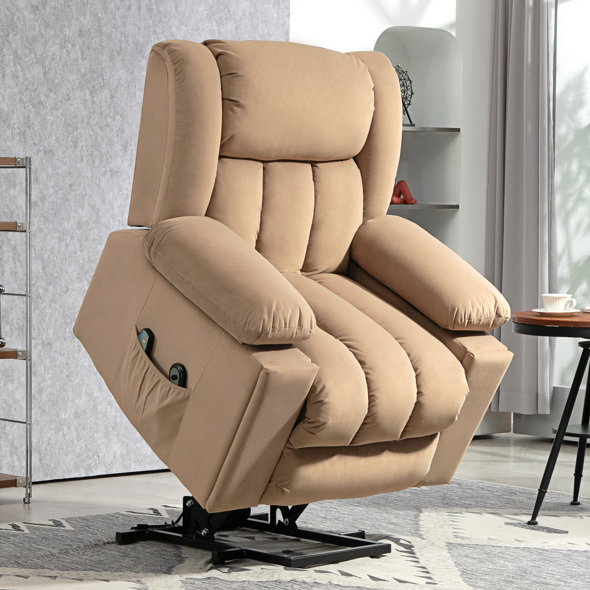 HOMCOM Velvet-Feel Electric Riser, Recliner and Massage Armchair Light Brown 2