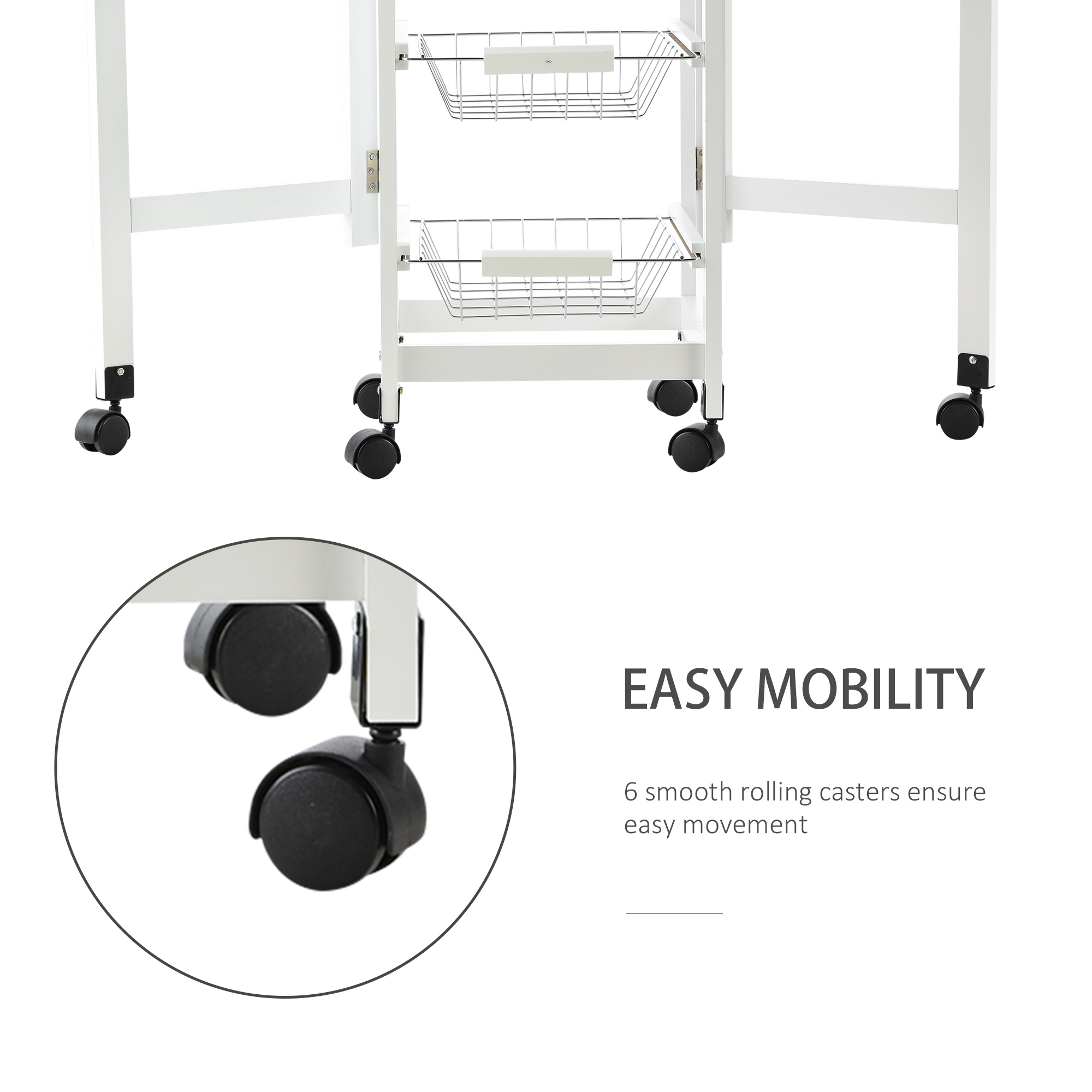 HOMCOM Drop-Leaf Kitchen Cart Trolley w/ 3 Baskets Drawer Surface Top 6 Universal Wheels Rolling Storage Unit Kitchen Home Dining Island White Oak Tone 5
