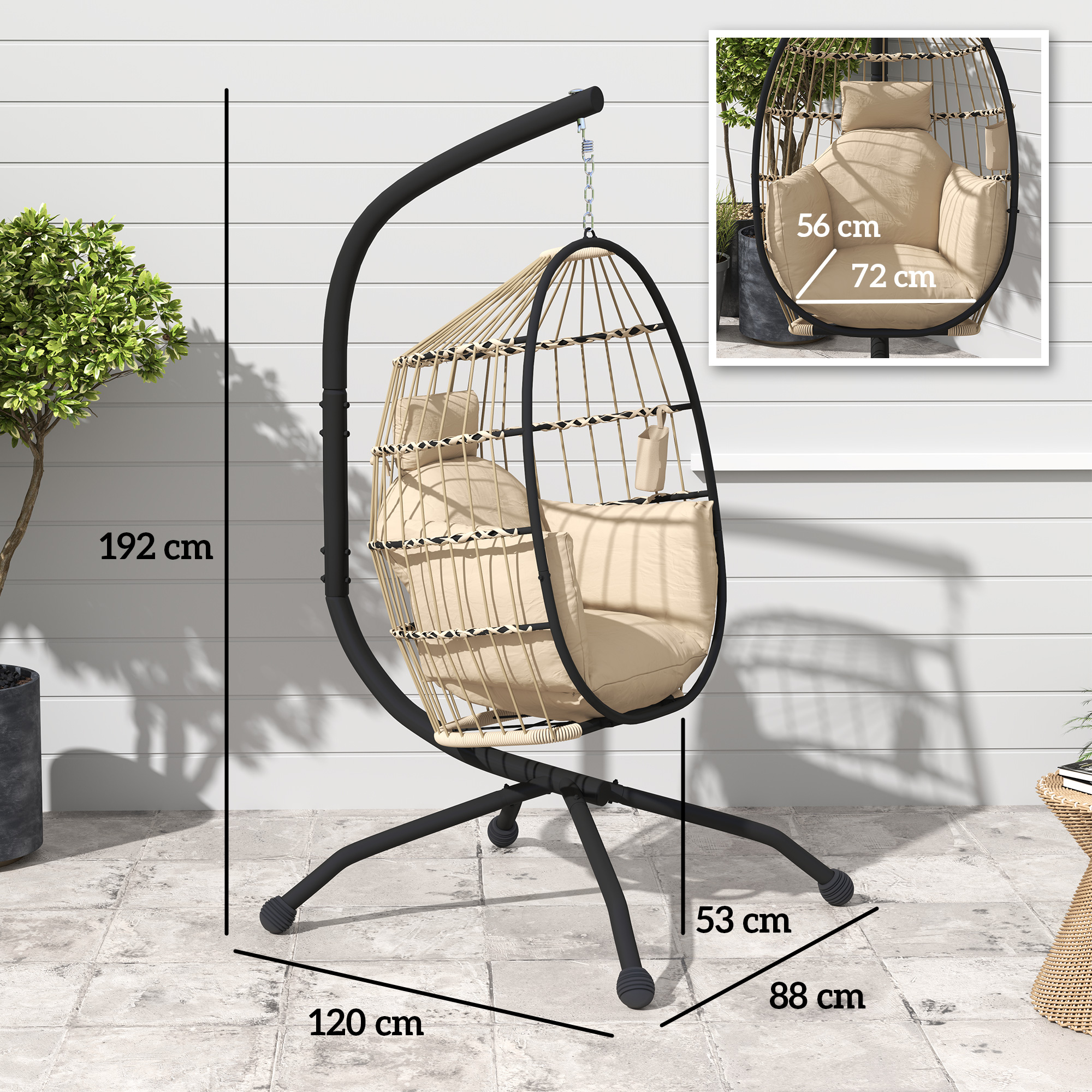Outsunny Hanging Egg Chair Outdoor Indoor Garden Swing Chair with Folding Basket and Thickened Cushion, Garden Hanging Chair with Stand, Headrest, Cup Holder for Patio, Balcony, Khaki 3