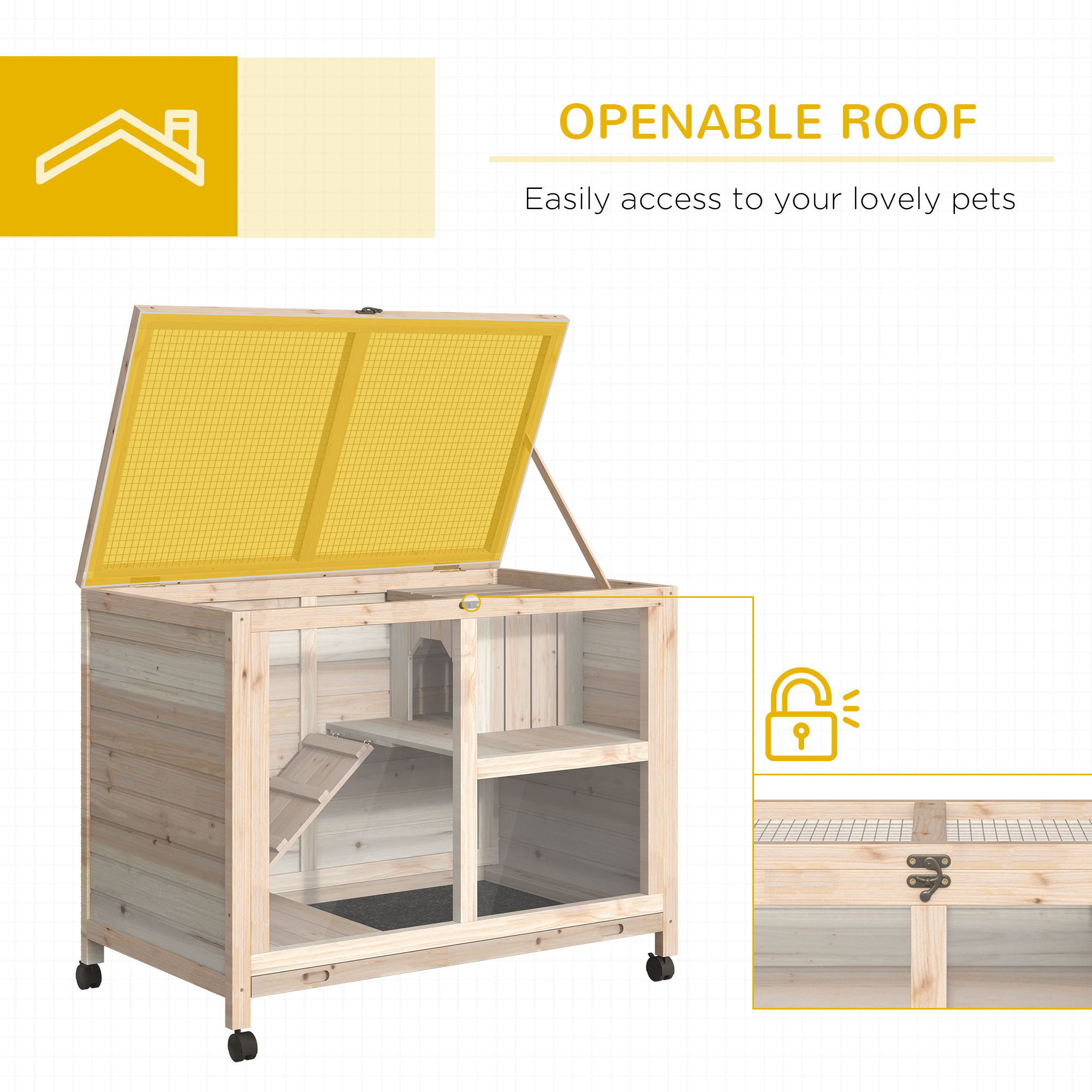 PawHut Rabbit Hutch Indoor Wooden Guinea Pig House Hamster Cage with Wheels, 2 Layers Bunny Cage with Openable Roof, 91.5 x 53.3 x 73 cm, Natural 5