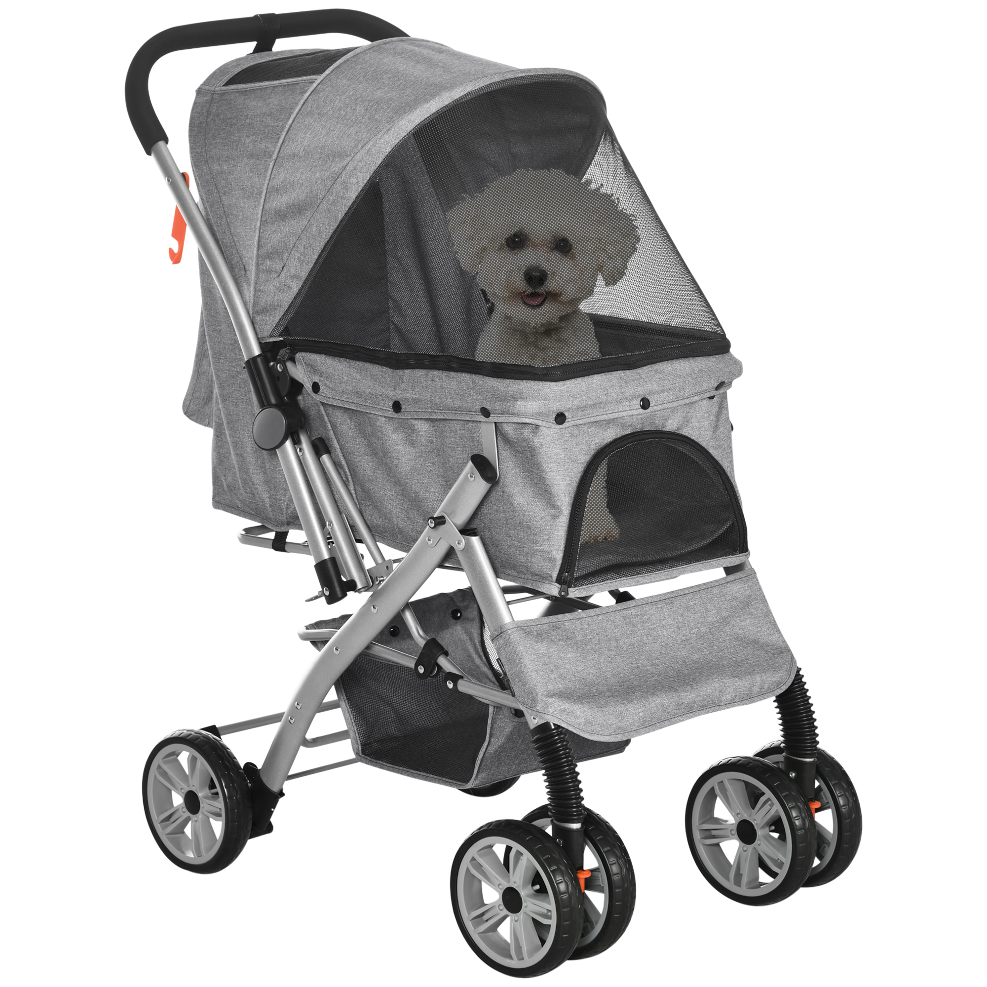 Meilleurs prix pour Poussette buggy pliable chien chat panier et sac de rangement attaches sécurité housse réglable poignée réversible acier Oxford gris chiné noir