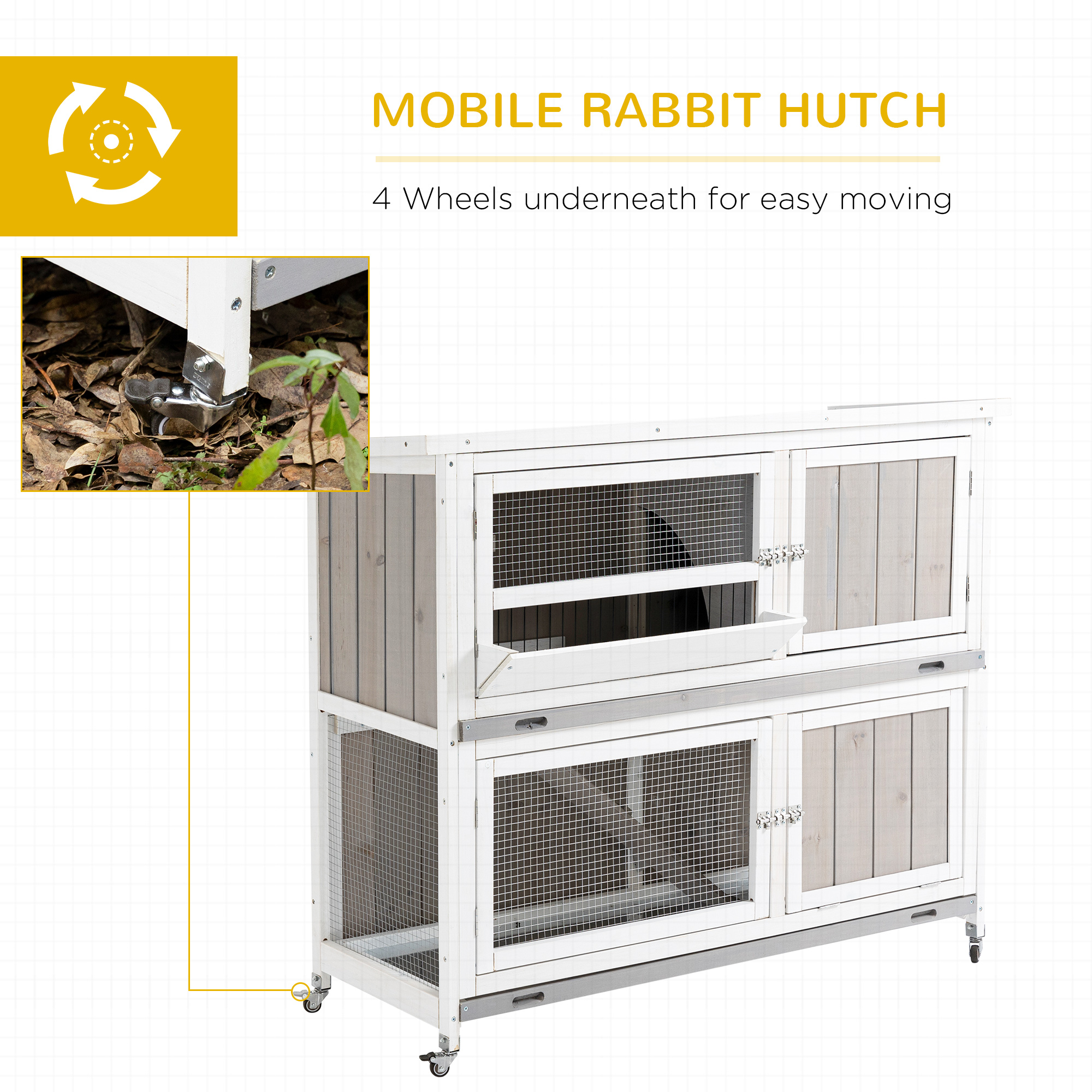 PawHut Wooden Pet Hutch, Two-Tier Cage with Rain Cover, Wheels, White 8