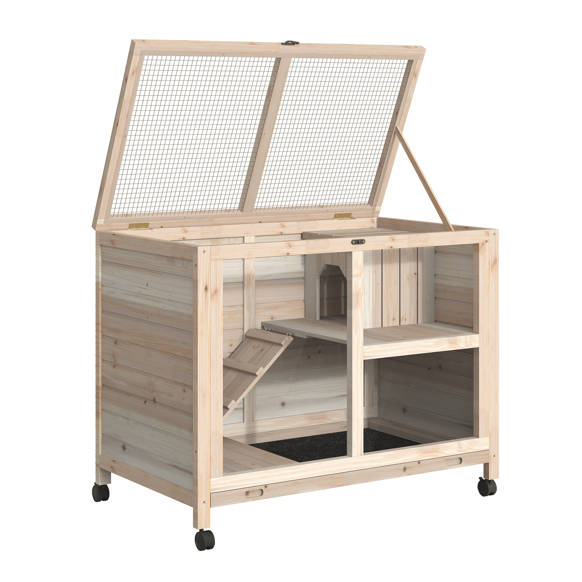 PawHut Rabbit Hutch Indoor Wooden Guinea Pig House Hamster Cage with Wheels, 2 Layers Bunny Cage with Openable Roof, 91.5 x 53.3 x 73 cm, Natural 9